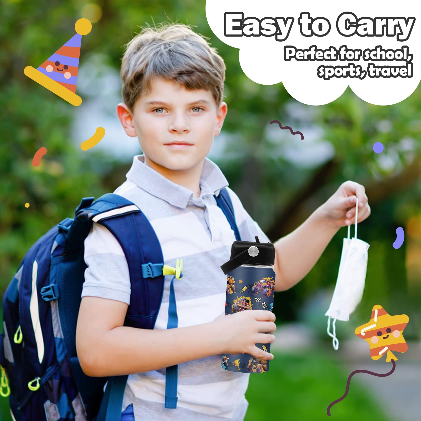 ROVOZAR Monster Truck Bottle eye-catching truck design sparks imagination at school or travel.