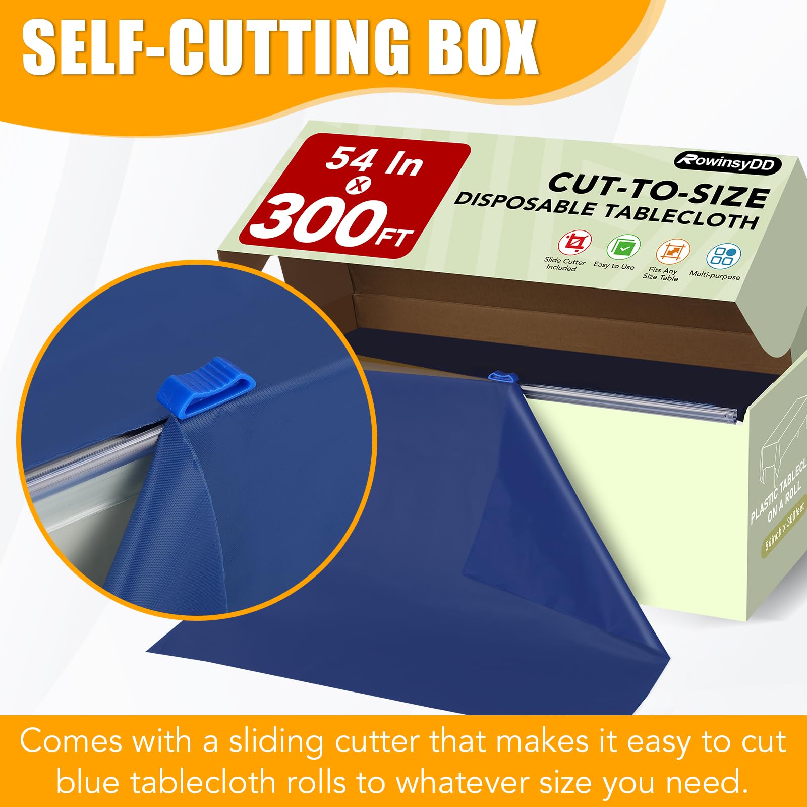 RowinsyDD slide cutter box with tablecloth enables quick, snag-free cuts