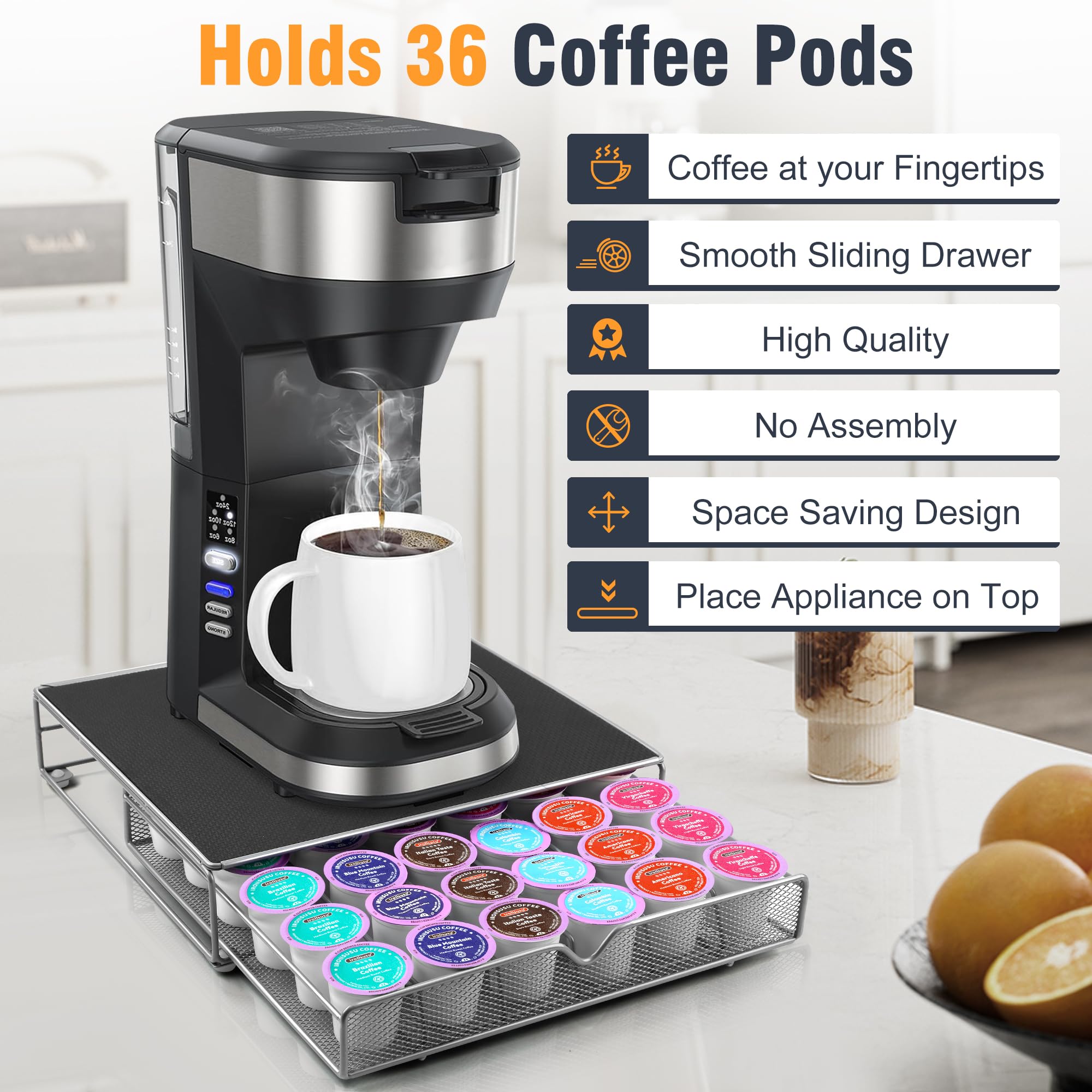 ROWISE coffee pod drawer interior showing organized 36 K-Cups