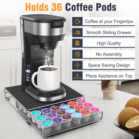 ROWISE coffee pod drawer interior showing organized 36 K-Cups