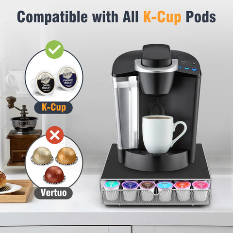 ROWISE coffee pod drawer on the counter with a coffee maker on top