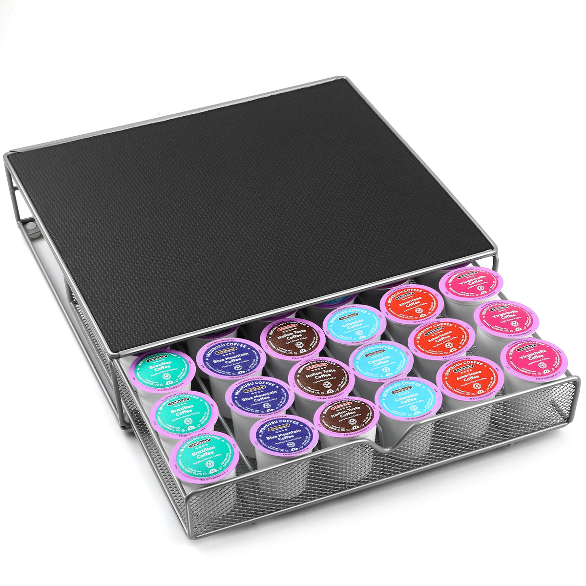 ROWISE coffee pod drawer top view shows 36-pod capacity for quick access