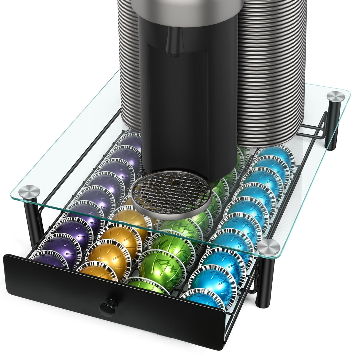 ROWISE coffee pod drawers with crystal glass top showing 40 capsules for quick access