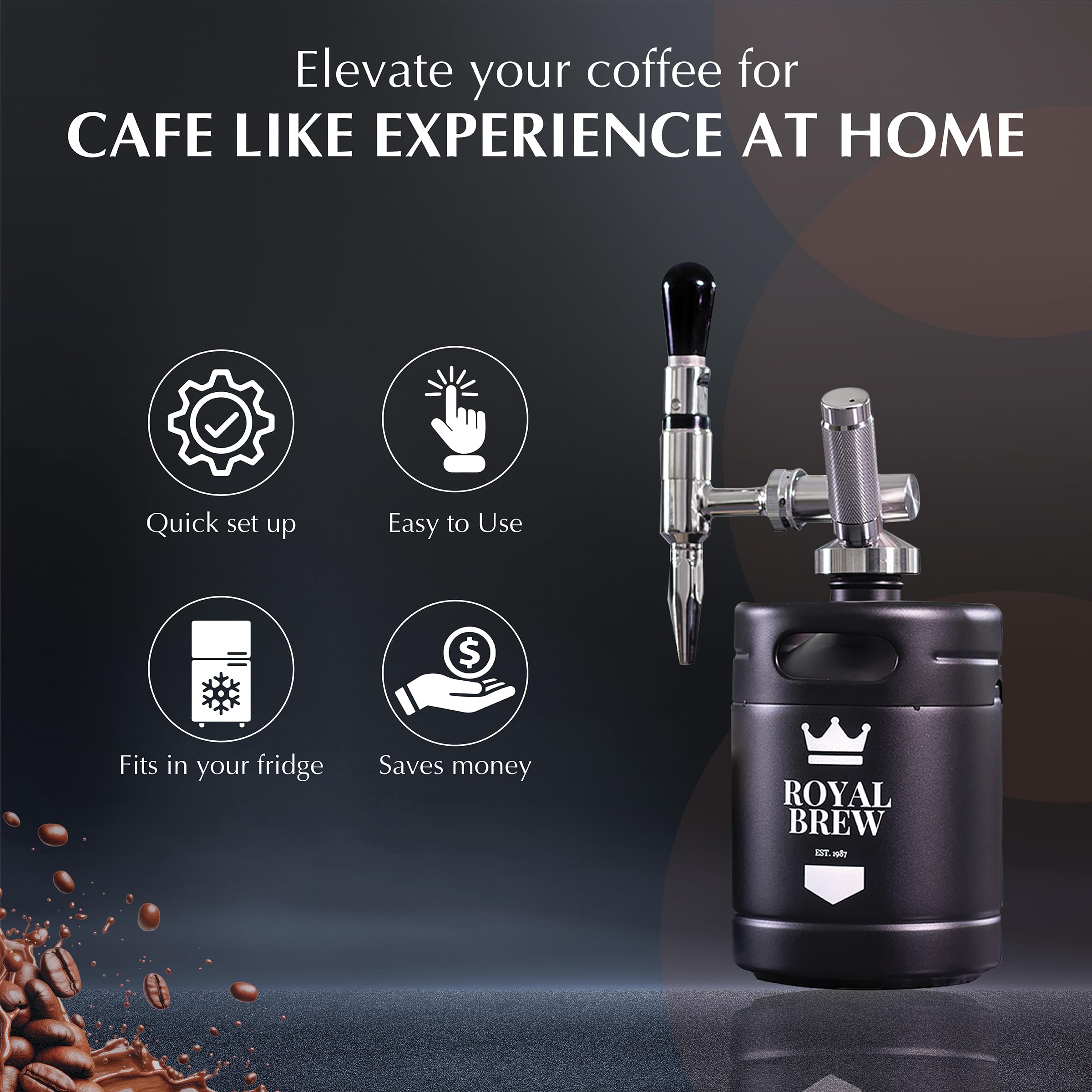 Royal Brew system with 64 oz keg fits in fridge for quick pours