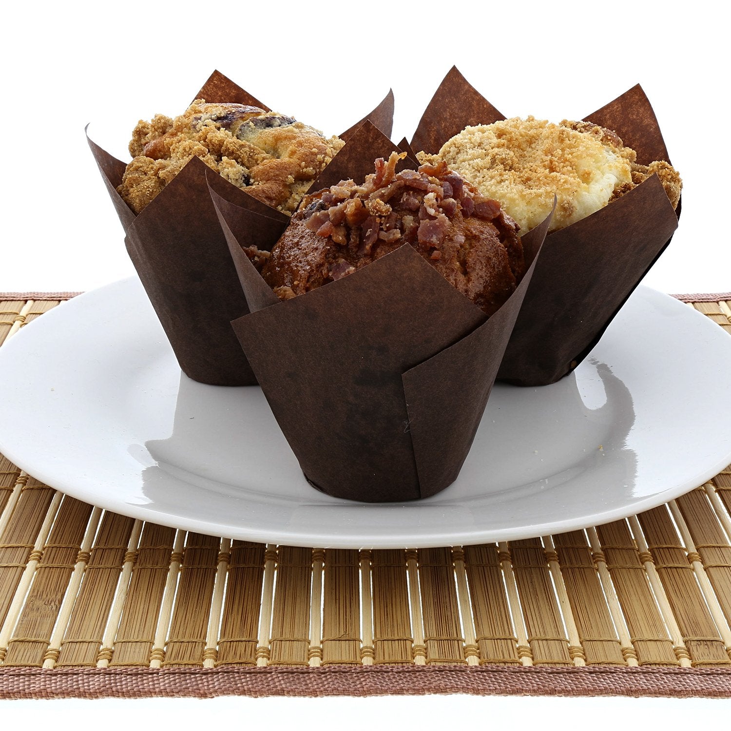 Elegant Royal Brown Tulip cups add a professional presentation to baked goods.