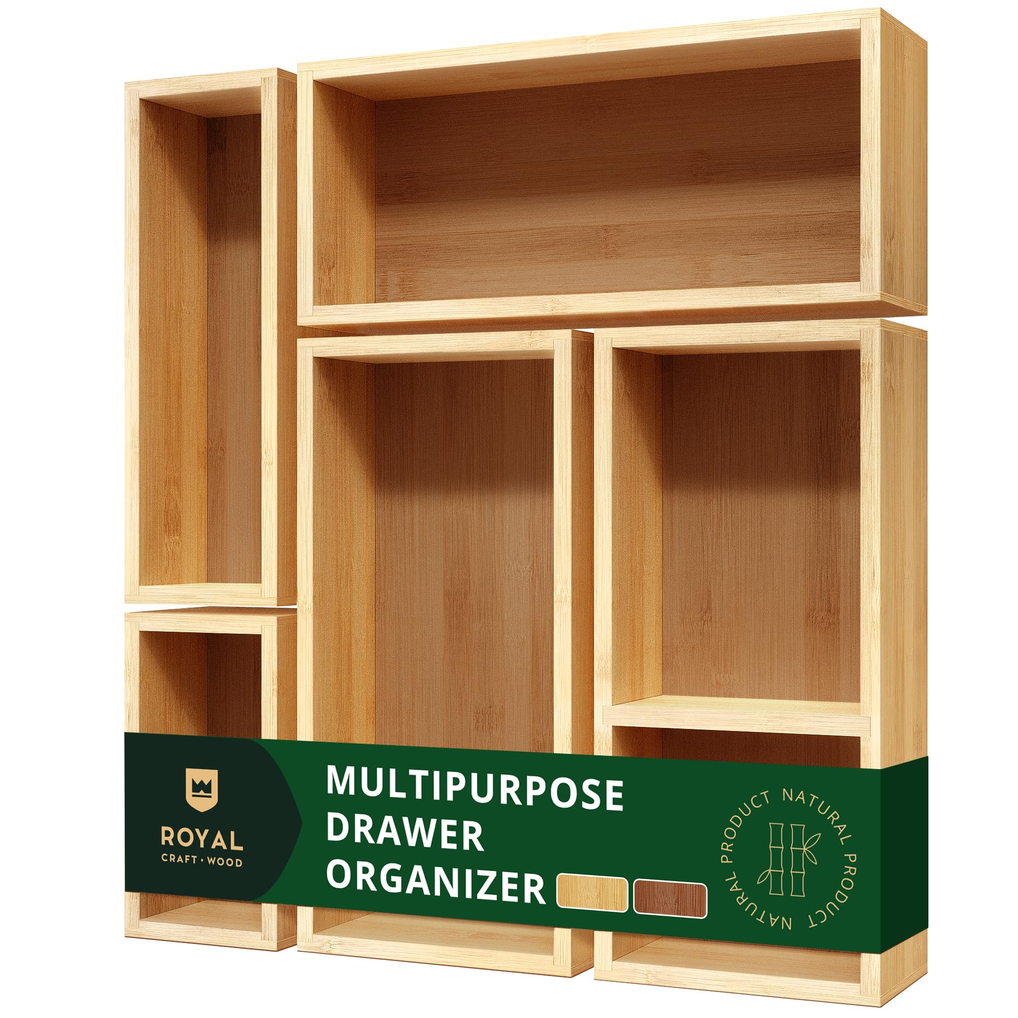 ROYAL CRAFT WOOD 5-piece bamboo drawer organizer set neatly organized in a deep drawer.