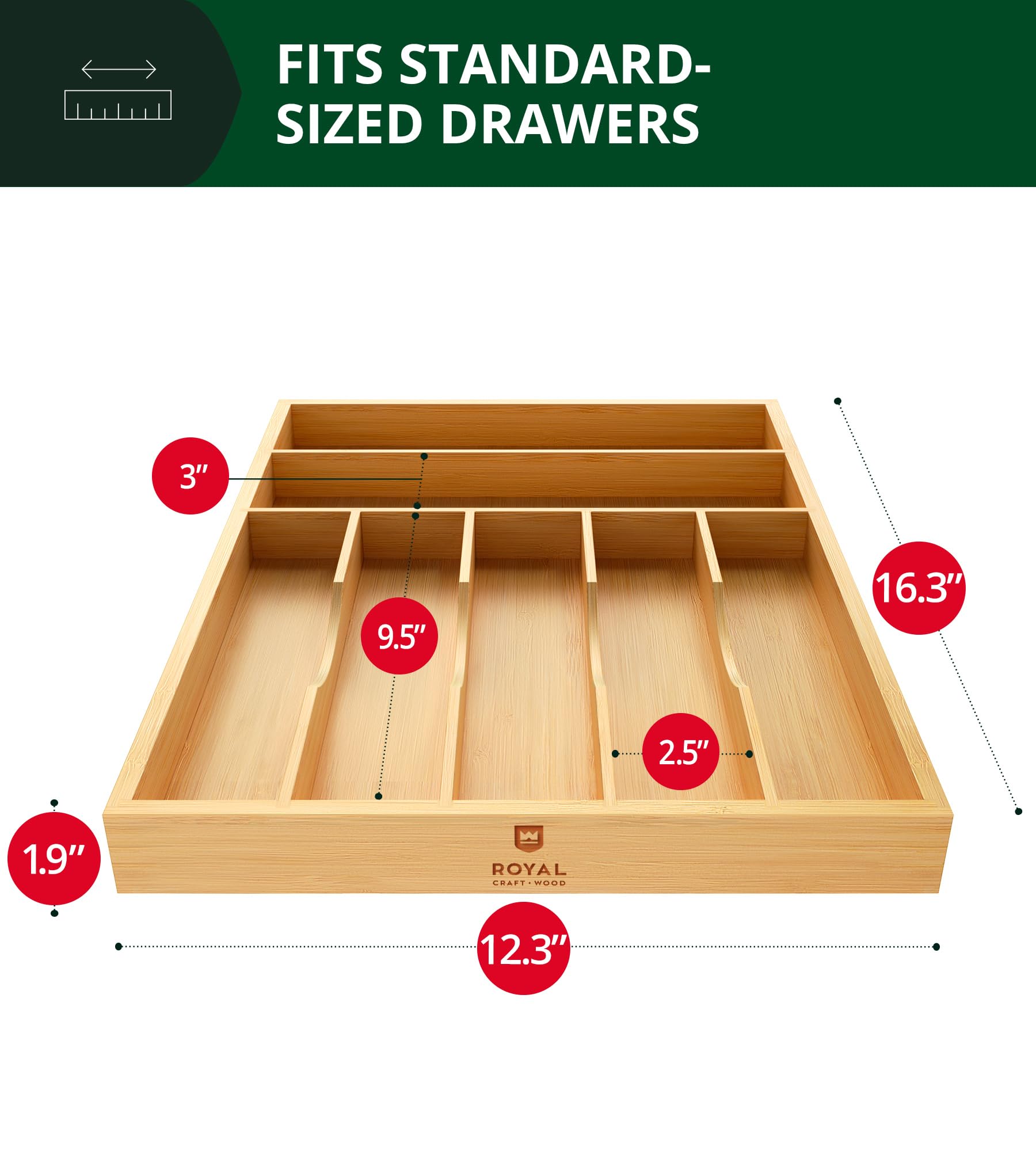 ROYAL CRAFT WOOD seven-slot drawer organizer separates forks, spoons, and knives