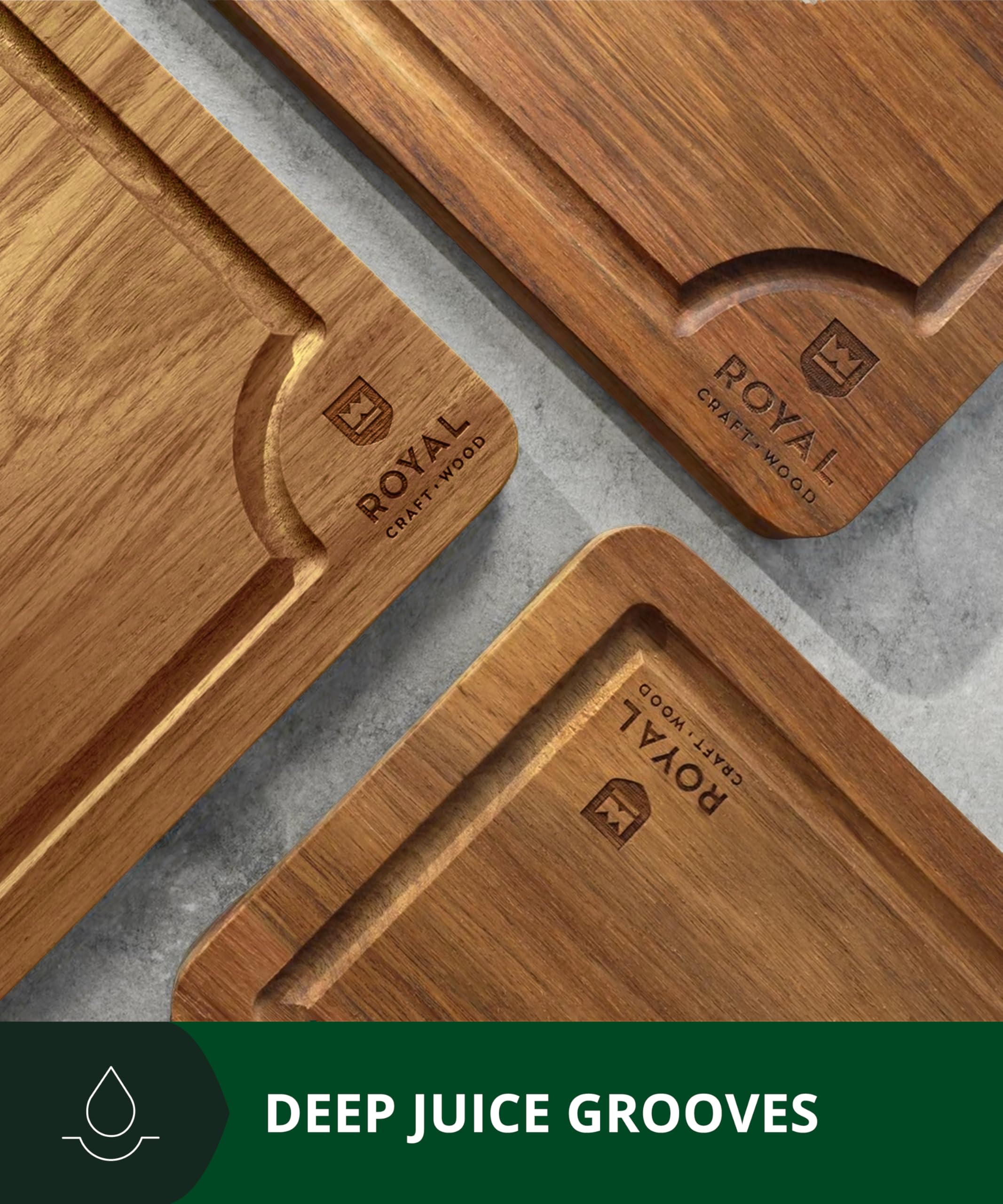 Royal Craft Wood Acacia cutting board dense wood resists wear and maintains smooth cutting.