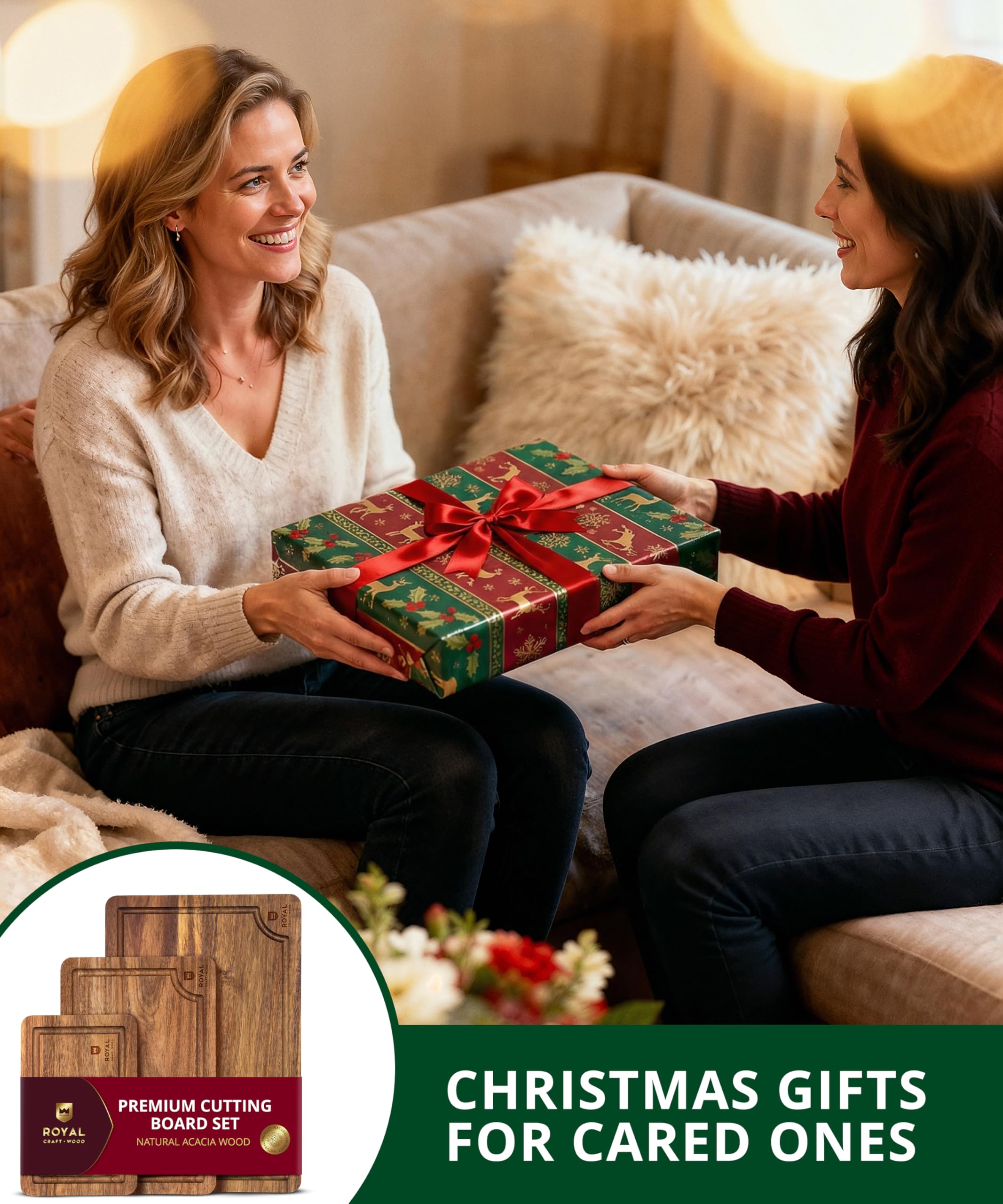 Royal Craft Wood Acacia cutting board gift packaging makes a ready-to-gift kitchen ensemble.