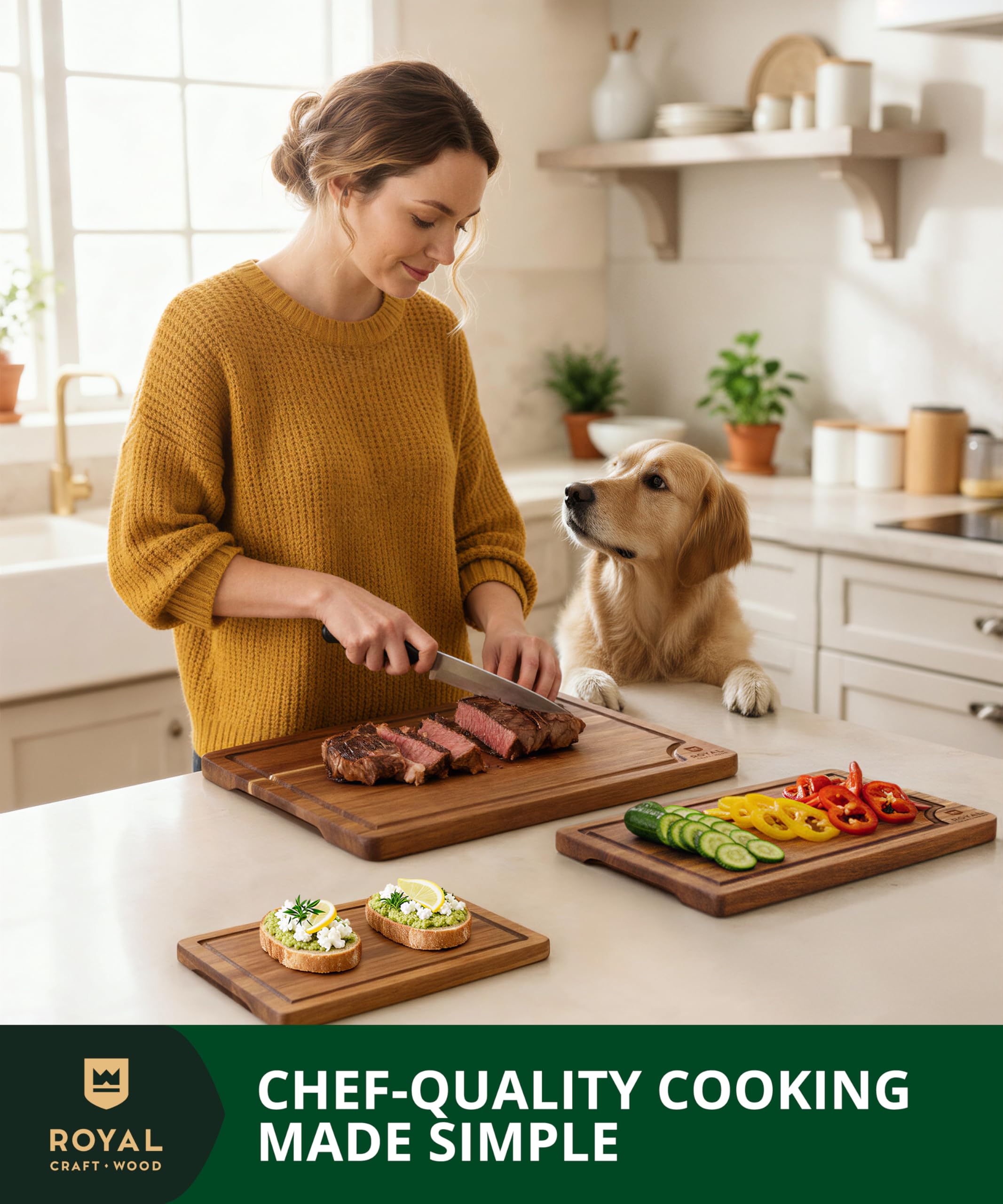 Royal Craft Wood Acacia cutting board juice groove catches liquids for cleaner counters.