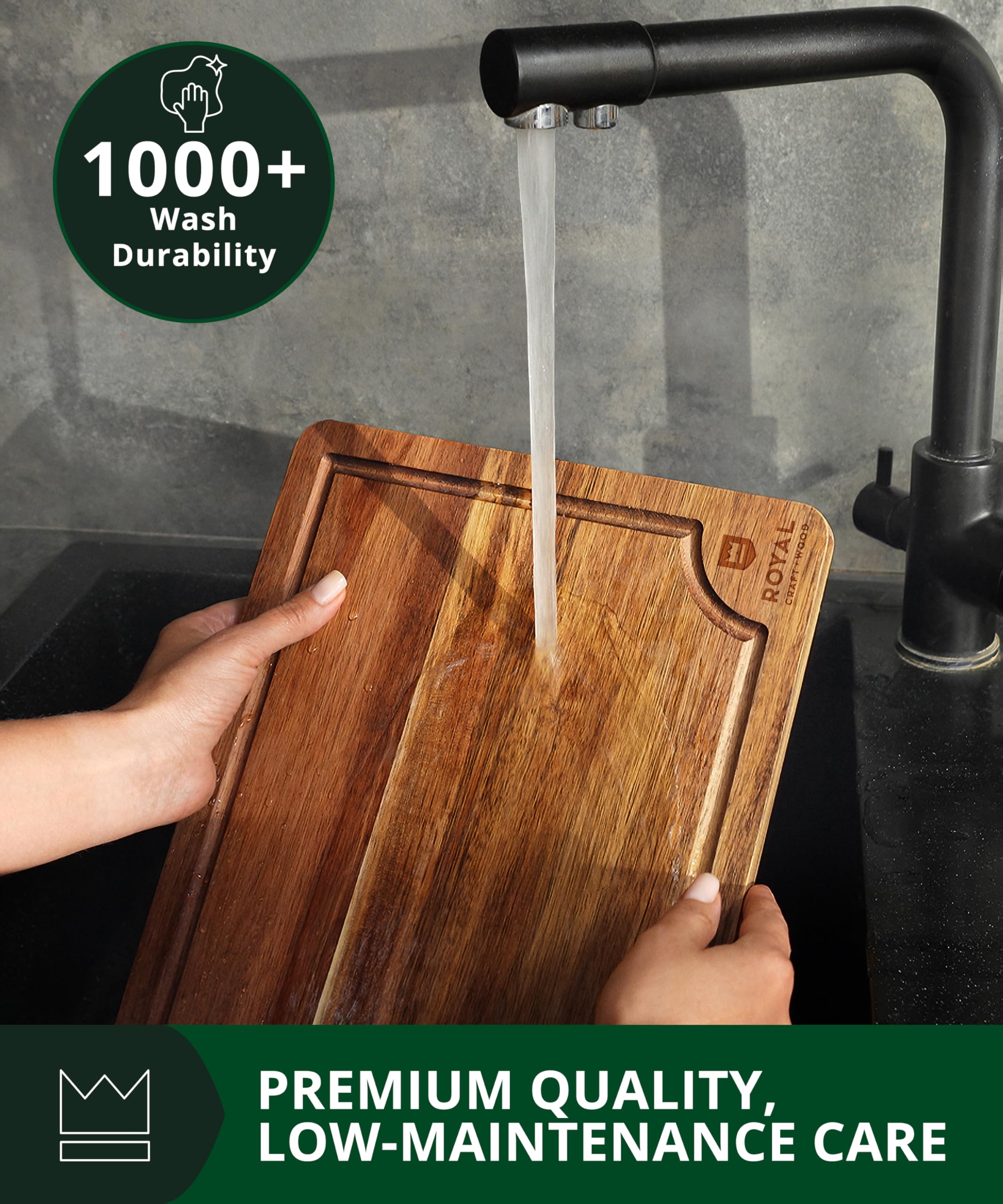 Royal Craft Wood Acacia cutting board knife-friendly surface resists knife marks while cutting.