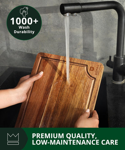 Royal Craft Wood Acacia cutting board knife-friendly surface resists knife marks while cutting.