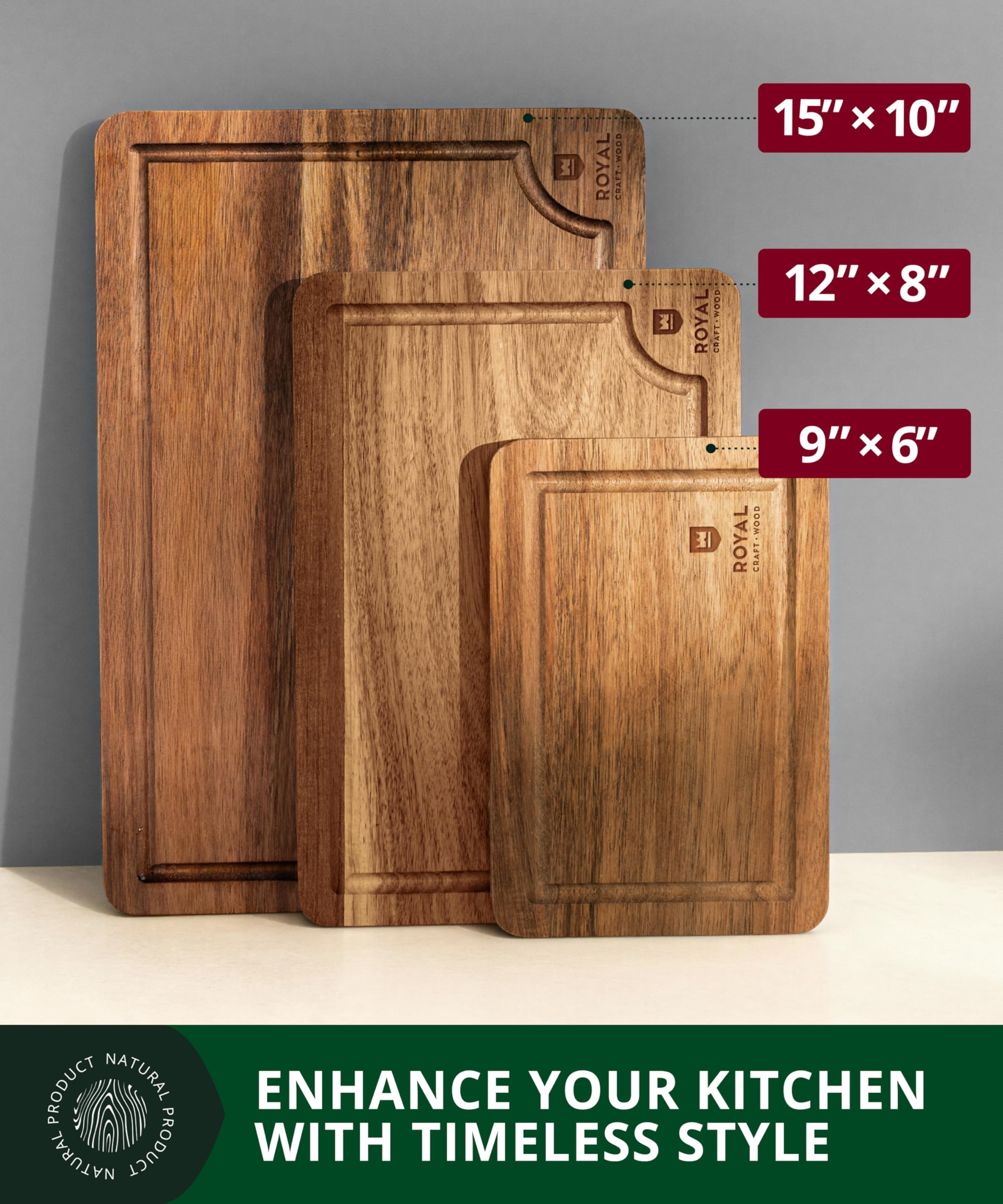 Royal Craft Wood Acacia cutting board side-handles provide easy transport and stylish serving.