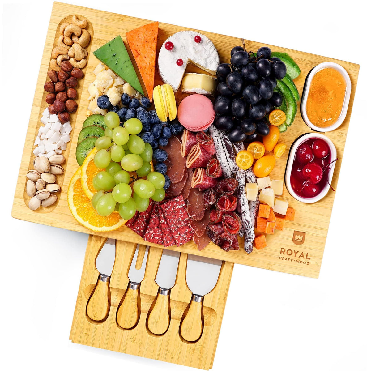 Royal Craft Wood bamboo cheese board with knife set, perfect for entertaining.