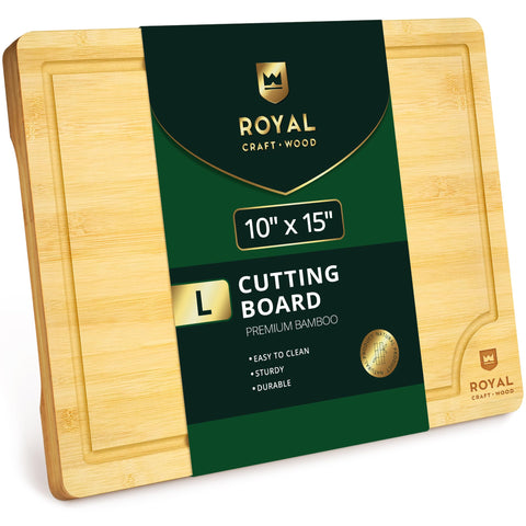 ROYAL CRAFT WOOD bamboo cutting board with juice groove keeps counters clean.
