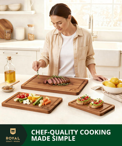 ROYAL CRAFT WOOD board with juice groove catching liquids during meat prep.