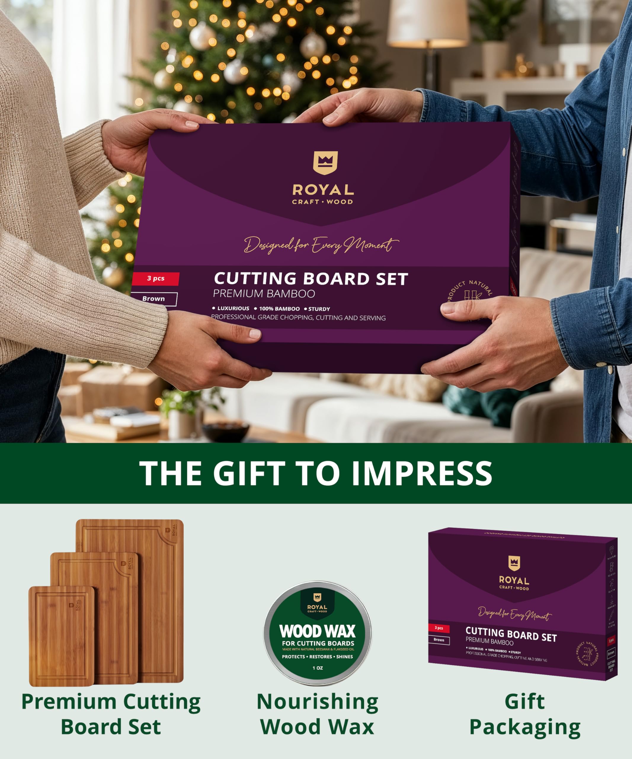 ROYAL CRAFT WOOD large bamboo board displayed for family prep and presentation.