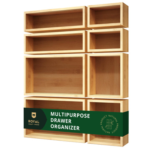 Royal Craft Wood bamboo drawer trays in assorted sizes for deeper, neater storage.