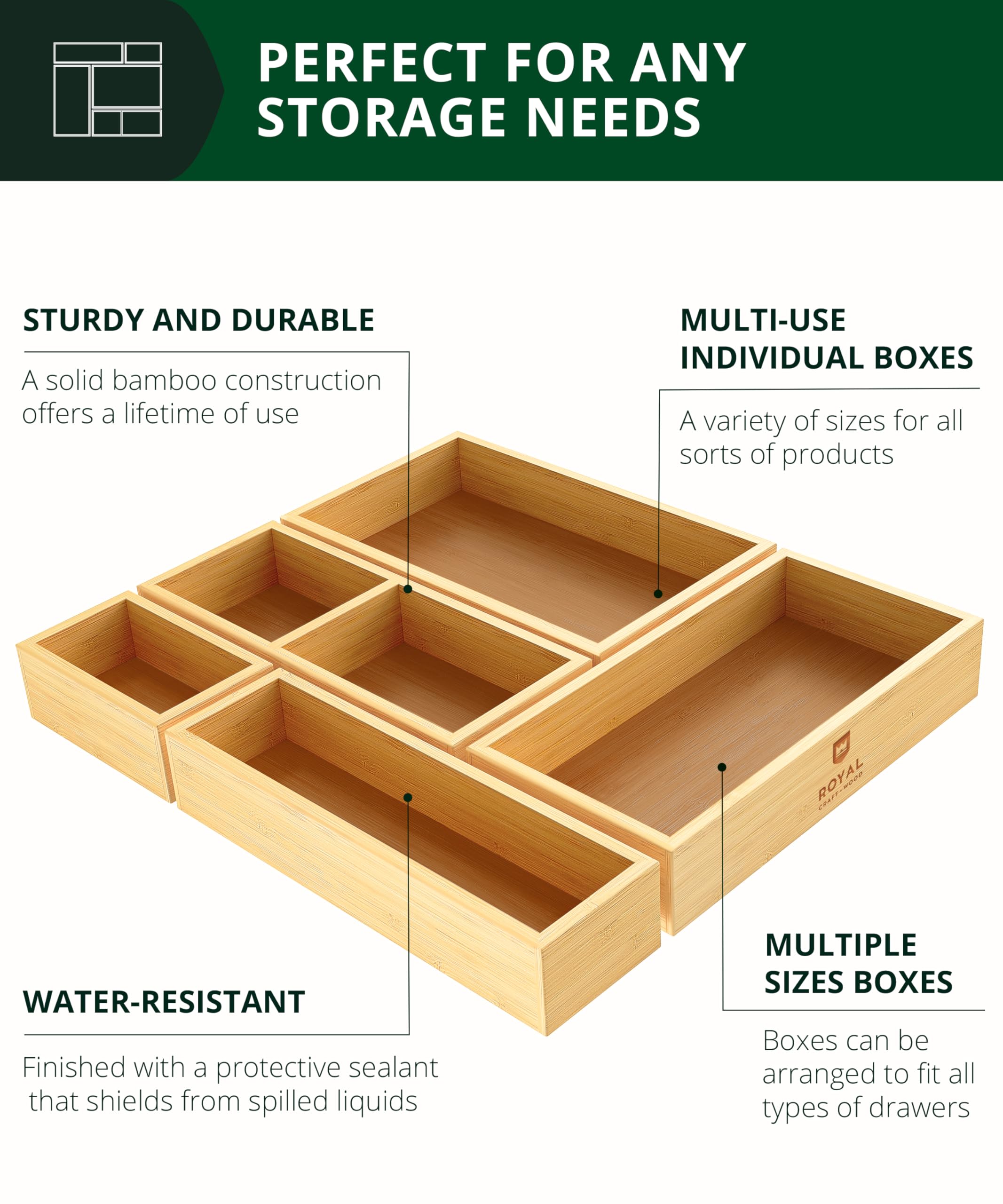 ROYAL CRAFT WOOD bamboo organizer boxes on a kitchen counter for utensils and quick access.