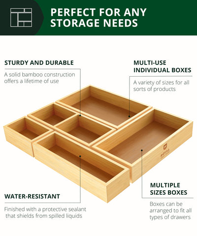 ROYAL CRAFT WOOD bamboo organizer boxes on a kitchen counter for utensils and quick access.