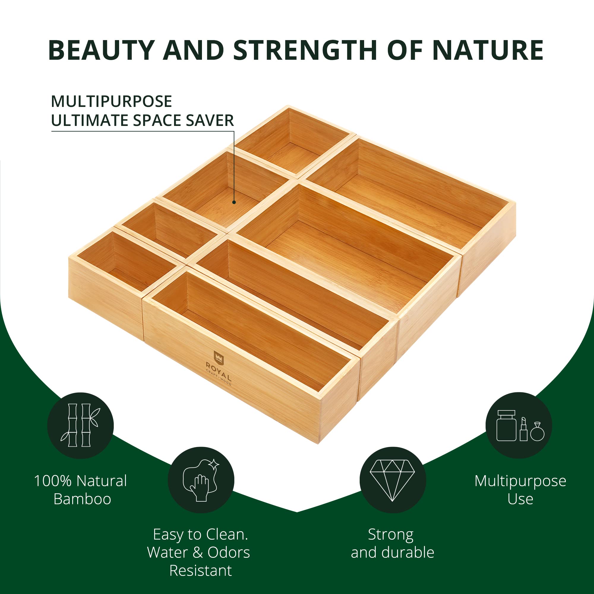 Royal Craft Wood bamboo makeup and bathroom storage trays declutter vanity surfaces.