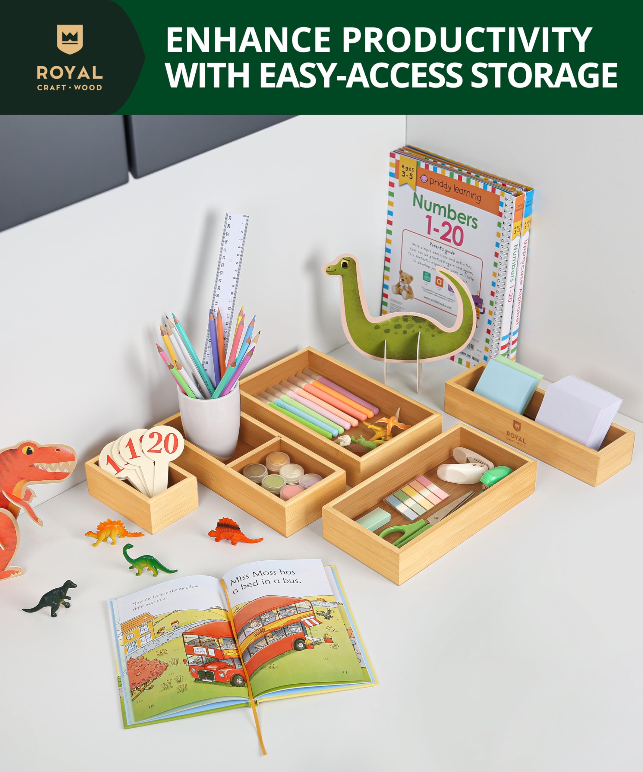 ROYAL CRAFT WOOD bamboo boxes organize office supplies like pencils and clips.