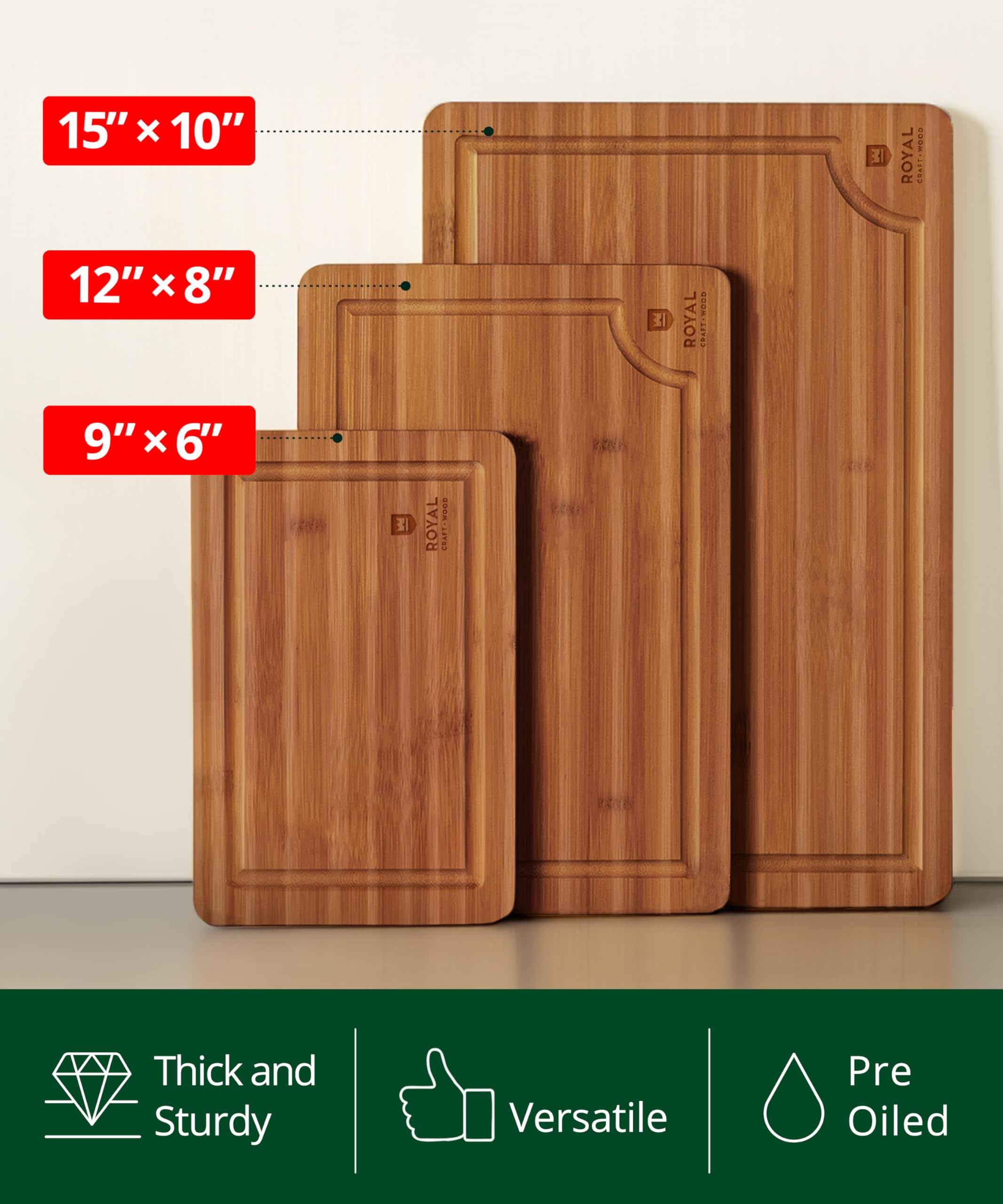ROYAL CRAFT WOOD bamboo board with side handles doubles as a serving tray.