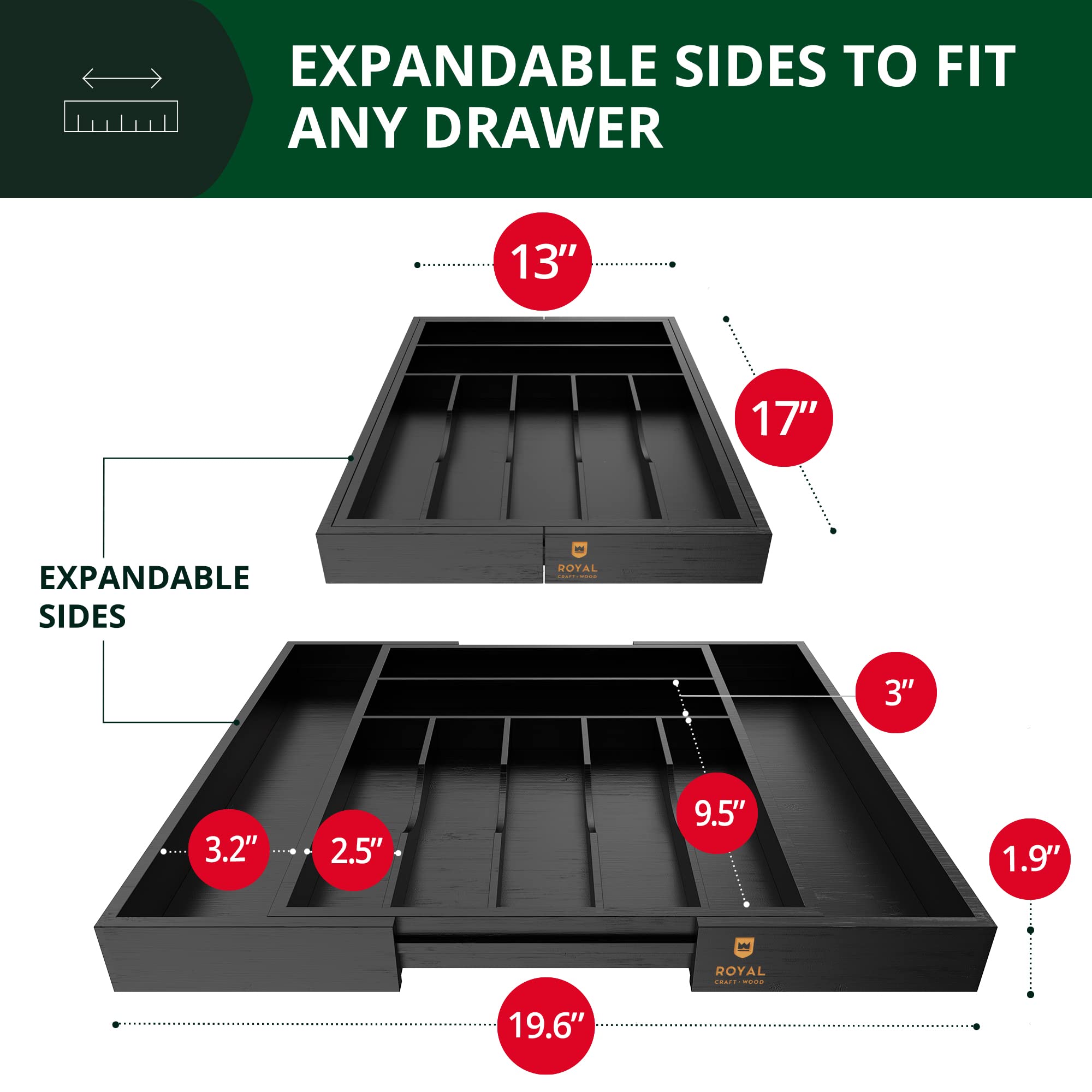 ROYAL CRAFT WOOD black silverware tray with grooved dividers organizes utensils efficiently