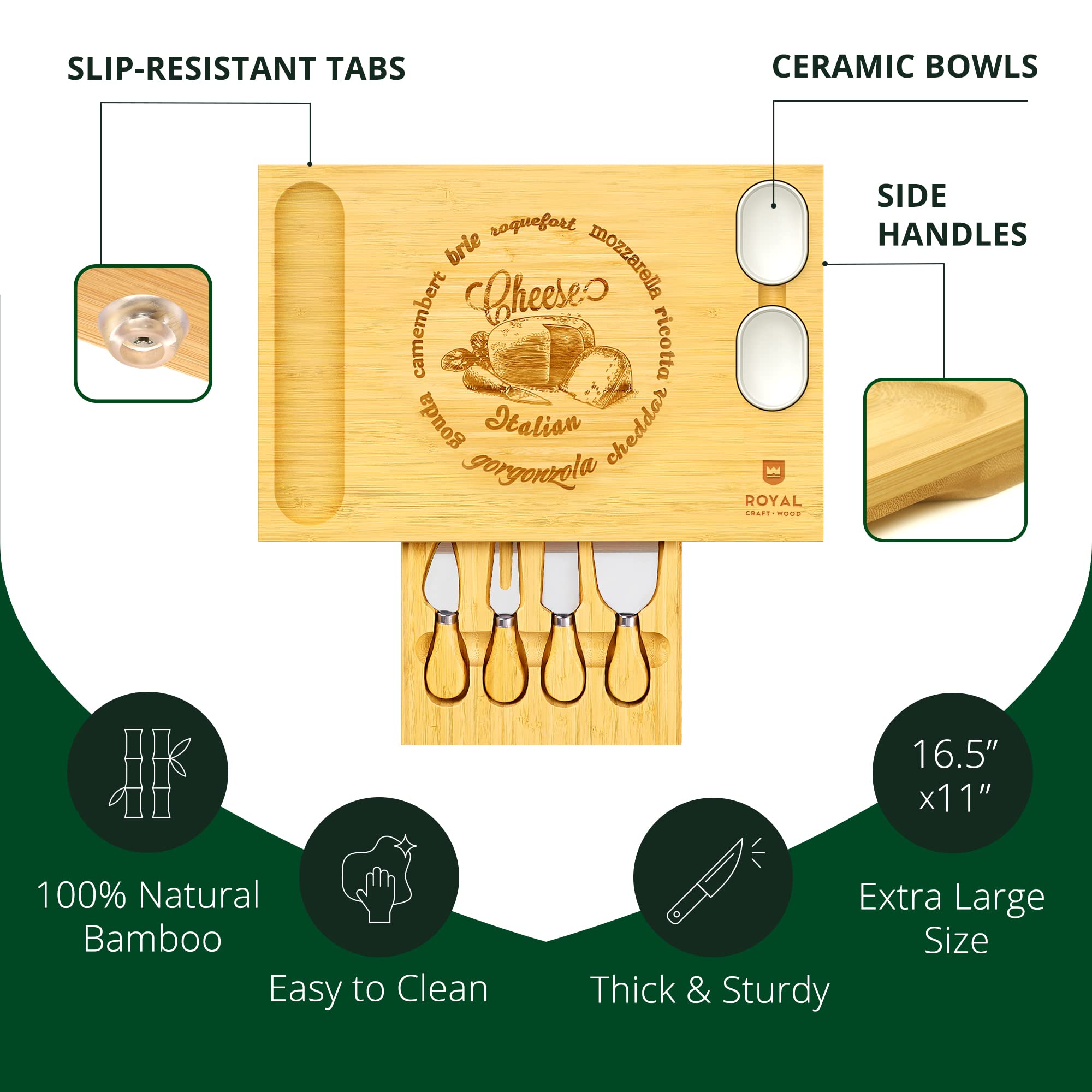 Royal Craft Wood charcuterie board serving tray with built-in knife storage.