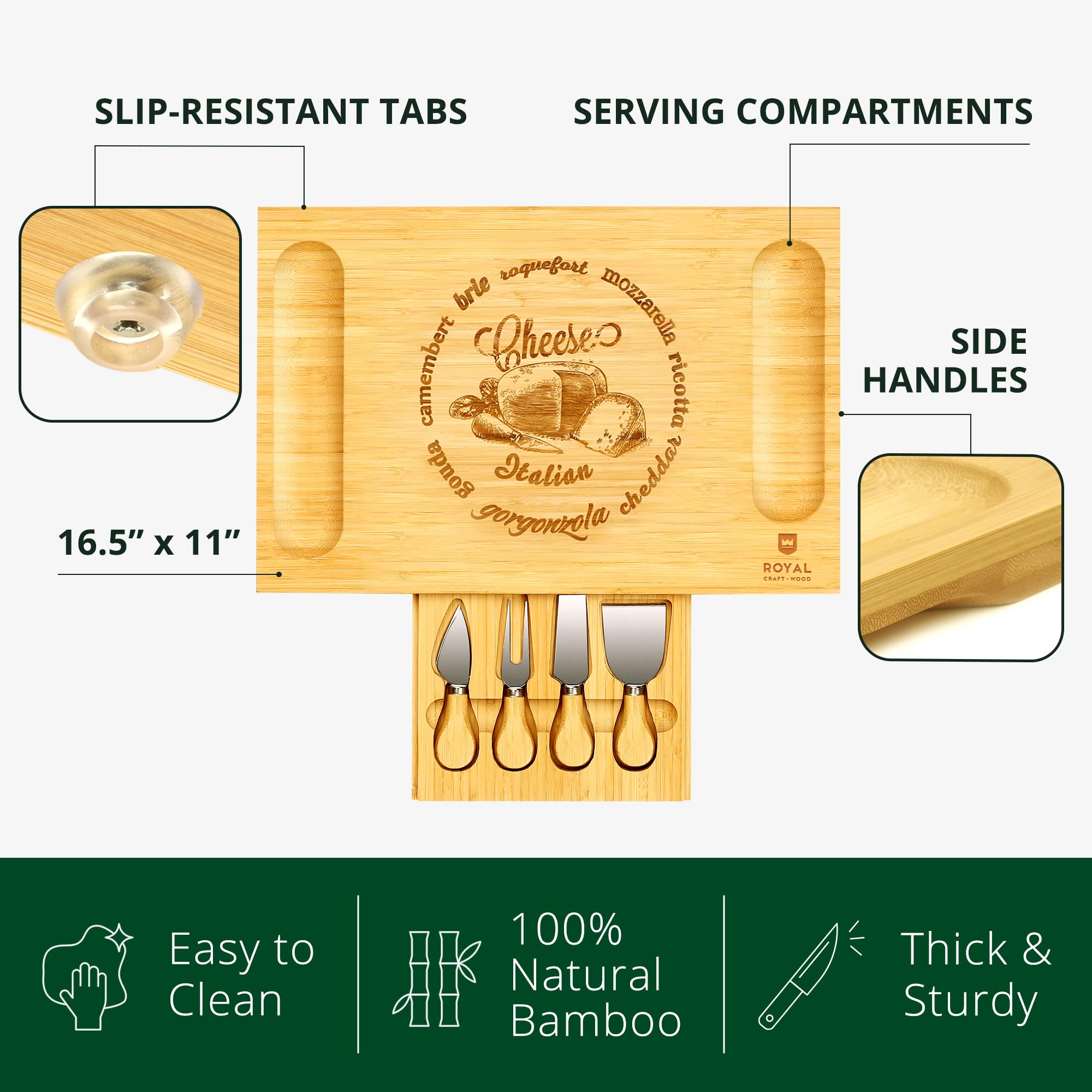 ROYAL CRAFT WOOD cheese serving board with utensils for seamless gatherings.