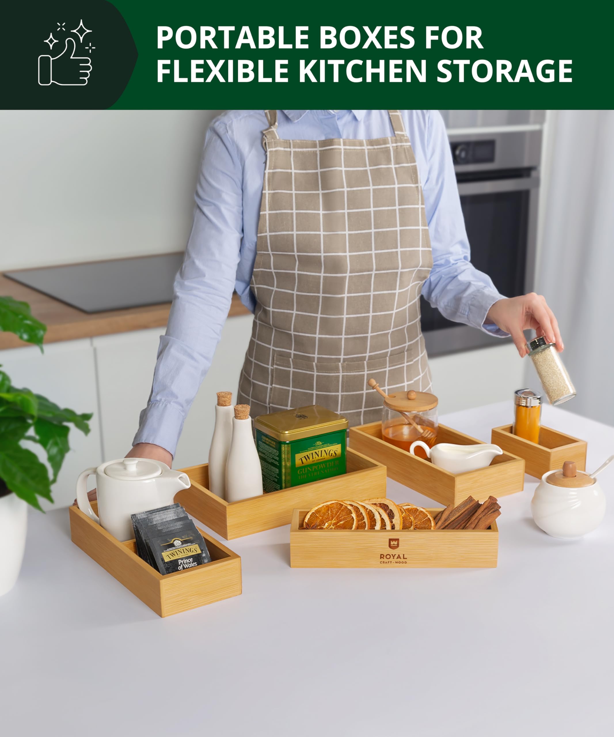 ROYAL CRAFT WOOD compact boxes fit various drawers for flexible storage solutions.