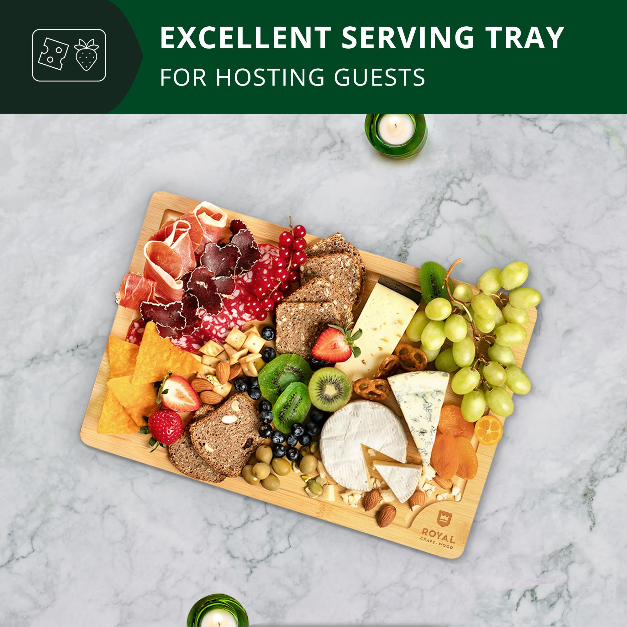ROYAL CRAFT WOOD versatile board handles meat, fish, fruits, and vegetables.