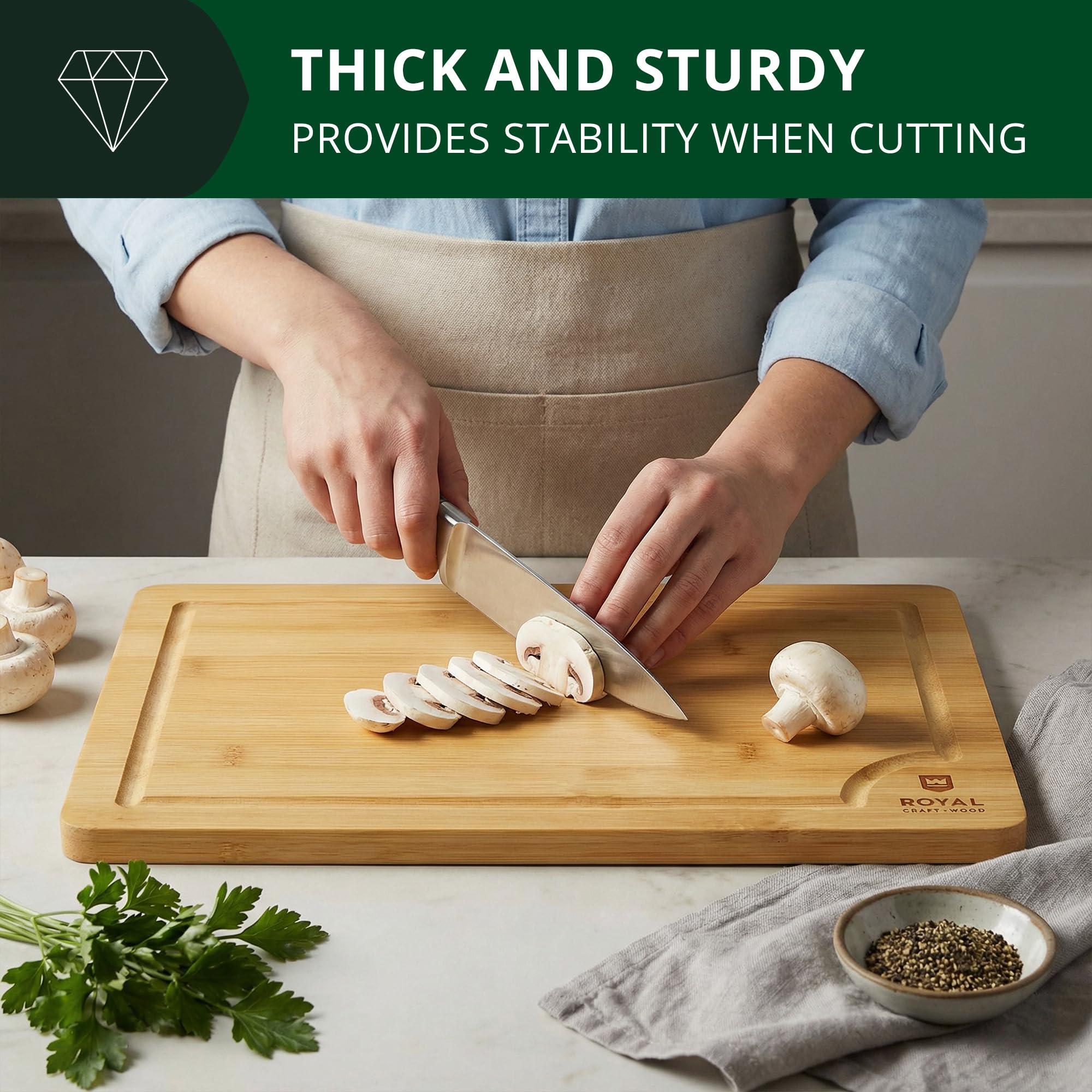 ROYAL CRAFT WOOD juice-drain groove helps manage liquids while chopping.