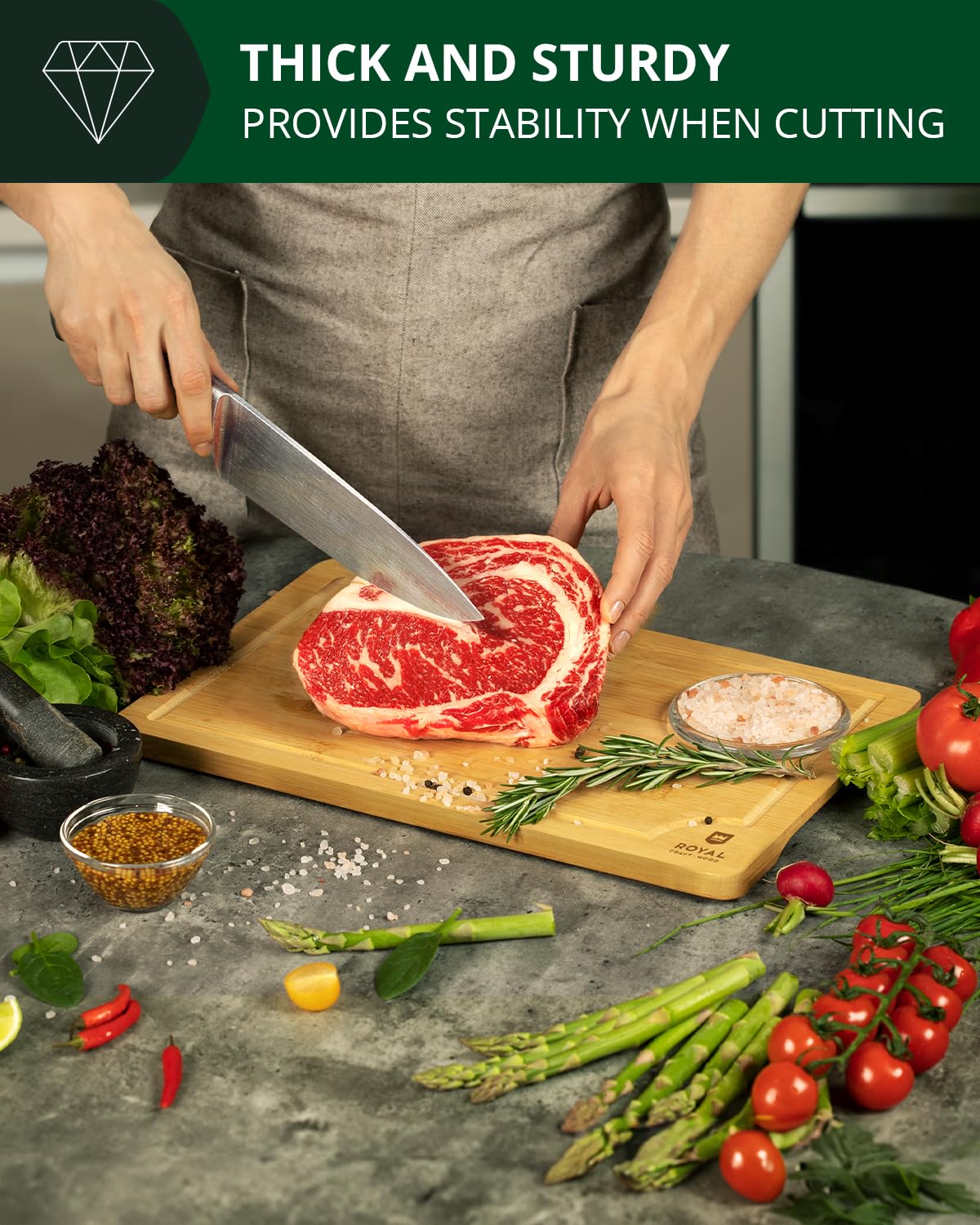 Royal Craft Wood dual-board setup for meats and produce prep