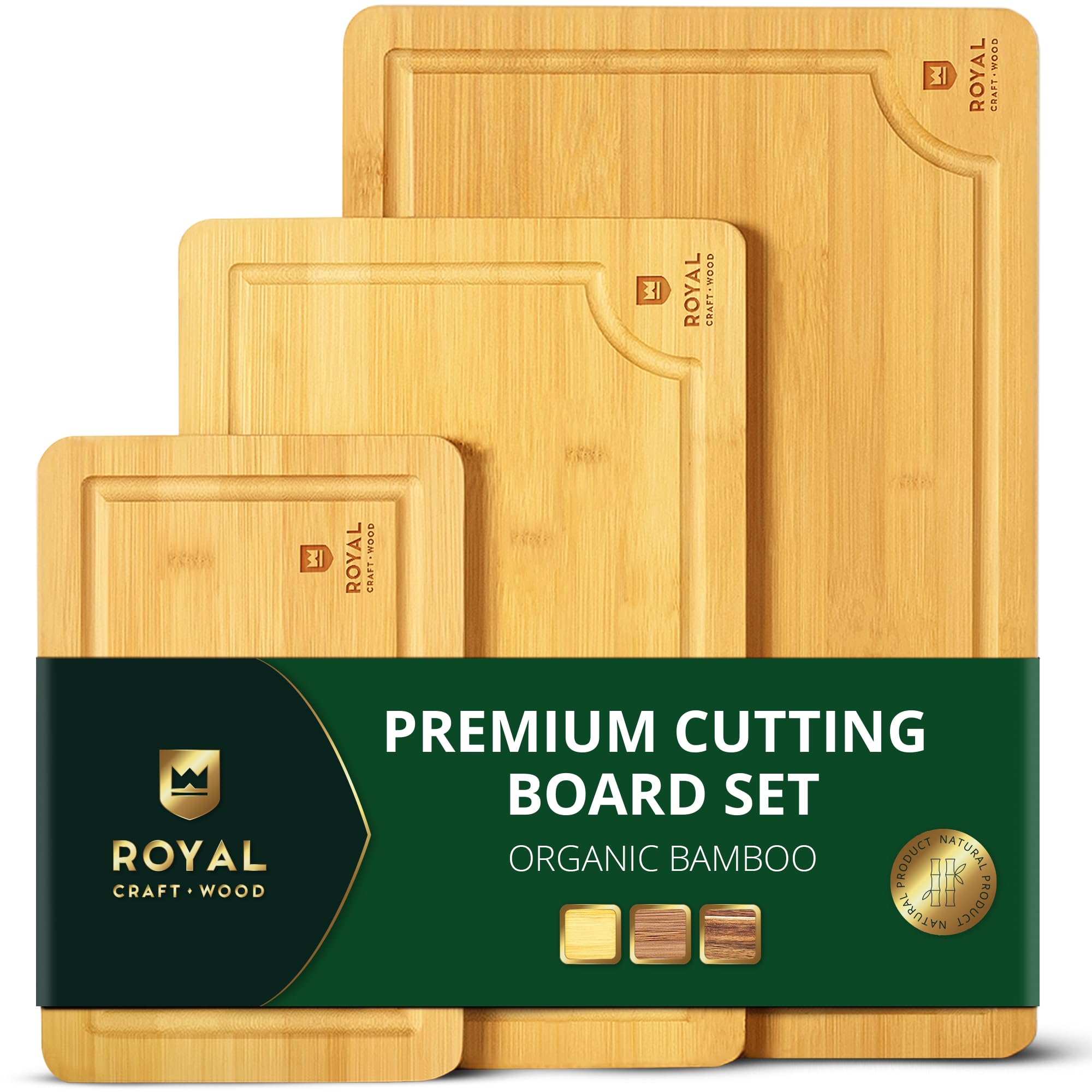 ROYAL CRAFT WOOD cutting board set in three sizes for versatile prep and display