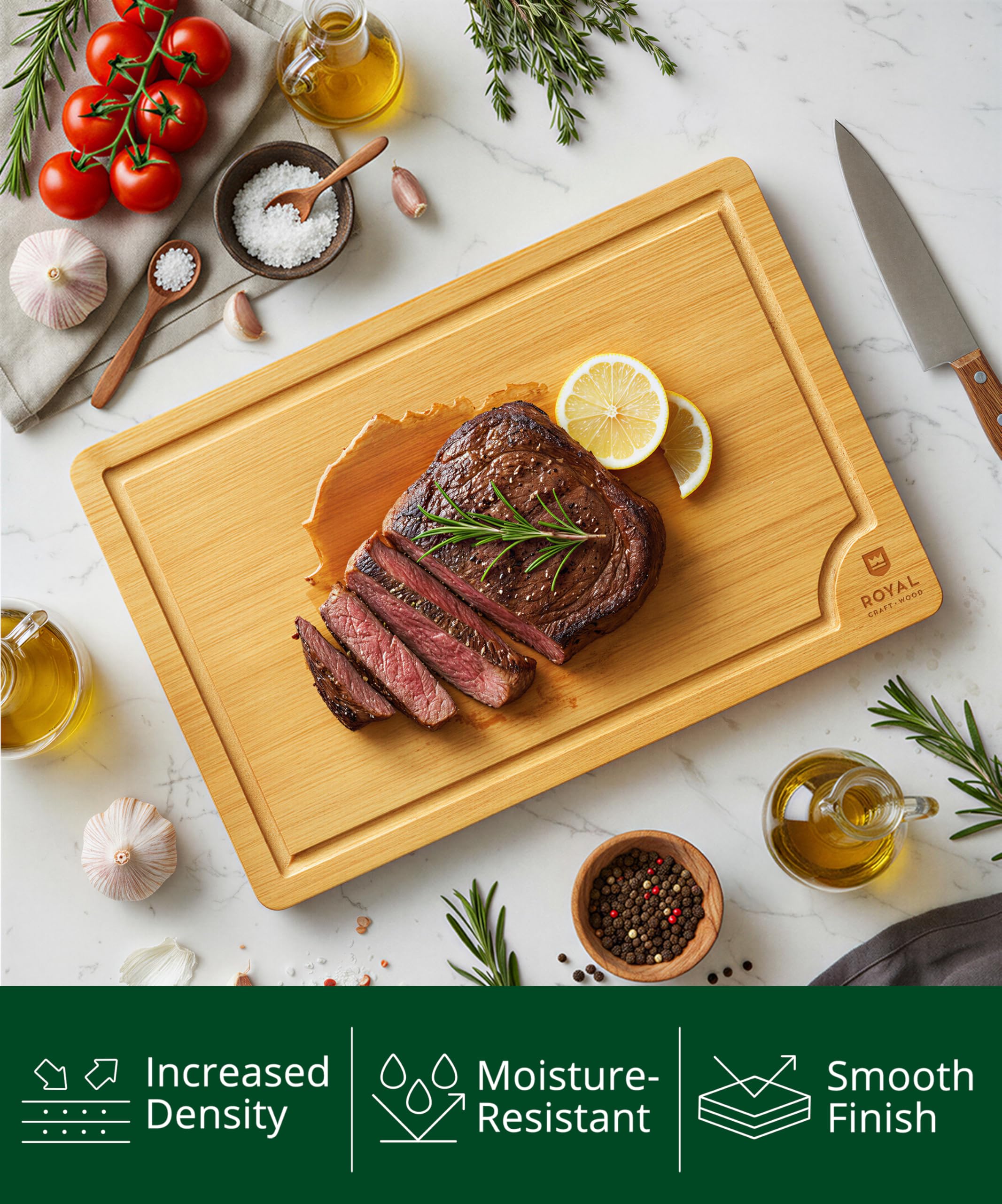 ROYAL CRAFT WOOD board with side handles for effortless carrying and serving.