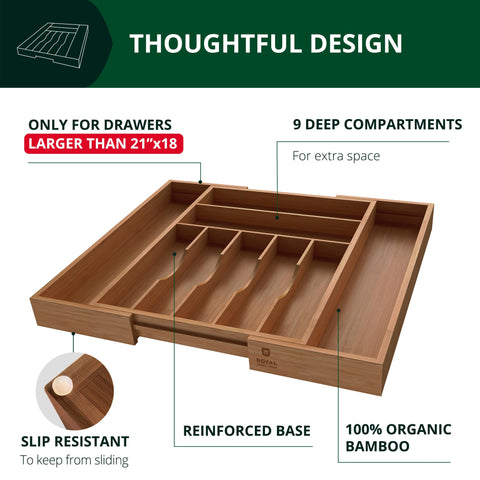Deep compartments in Royal Craft Wood bamboo tray separate flatware and tools