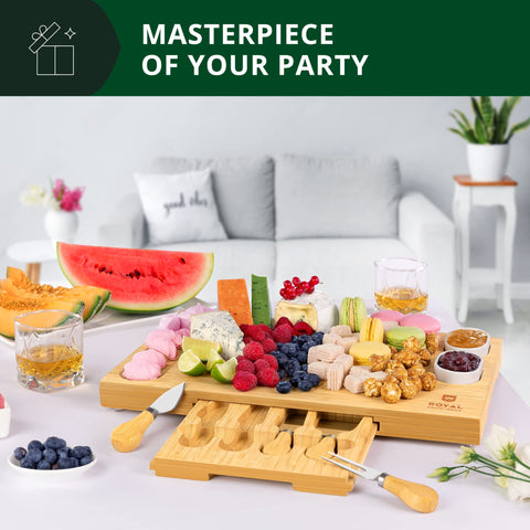 Royal Craft Wood board features deep grooves to stabilize snacks.