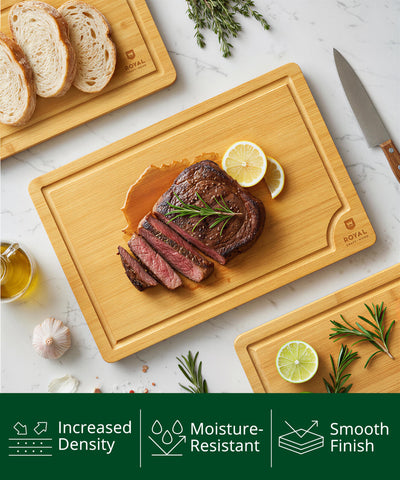 ROYAL CRAFT WOOD cutting board featuring a deep juice groove to catch liquids
