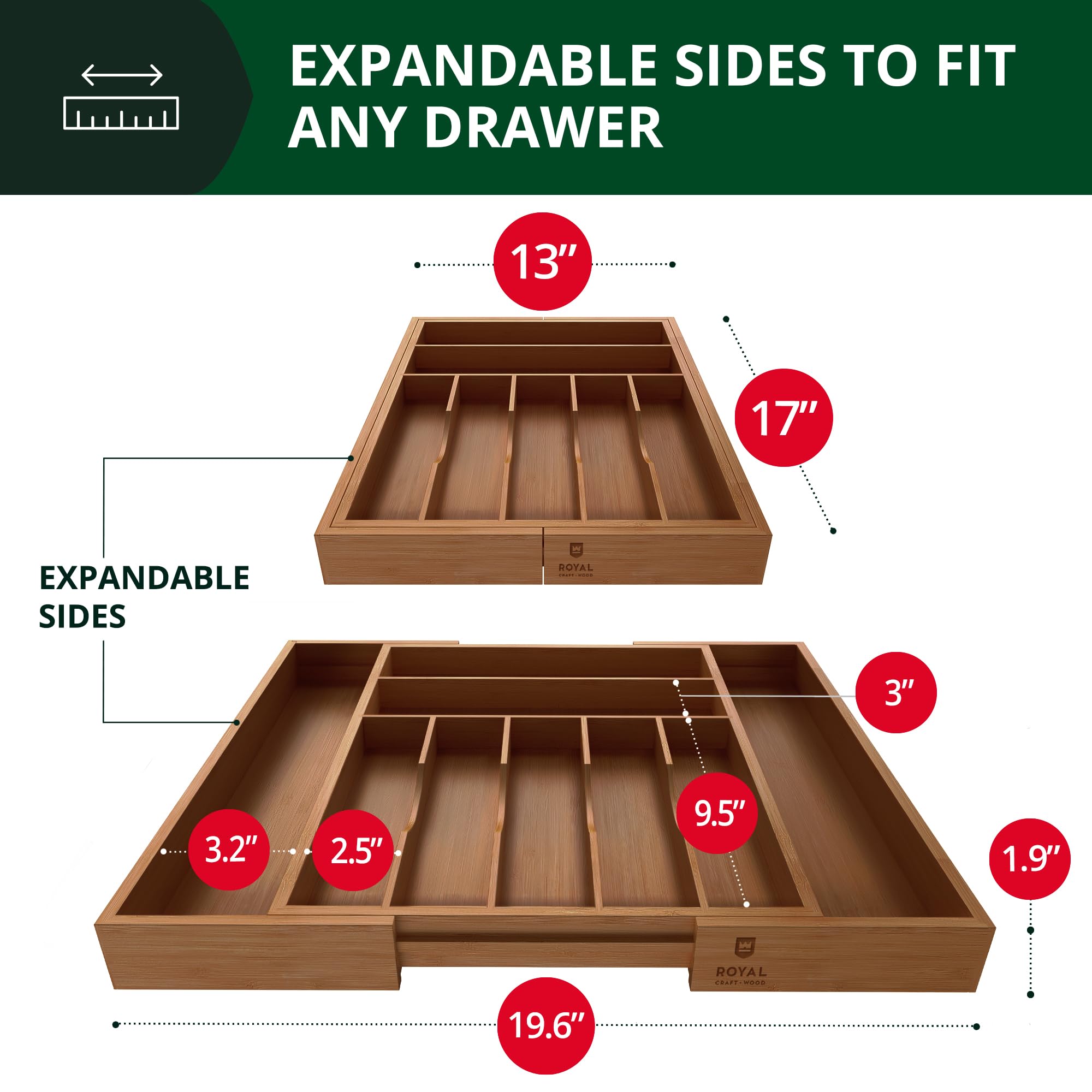 Expandable bamboo divider system by Royal Craft Wood for versatile drawer fitting