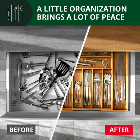 ROYAL CRAFT WOOD expandable drawer dividers closeup highlights adjustable storage depth for large tools.