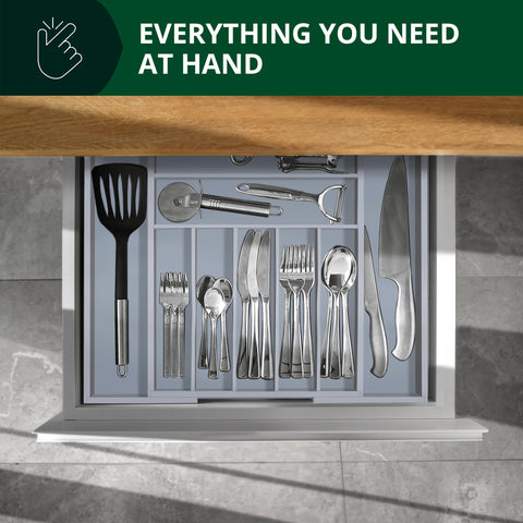 Grooved dividers keep utensils aligned and easy to grab