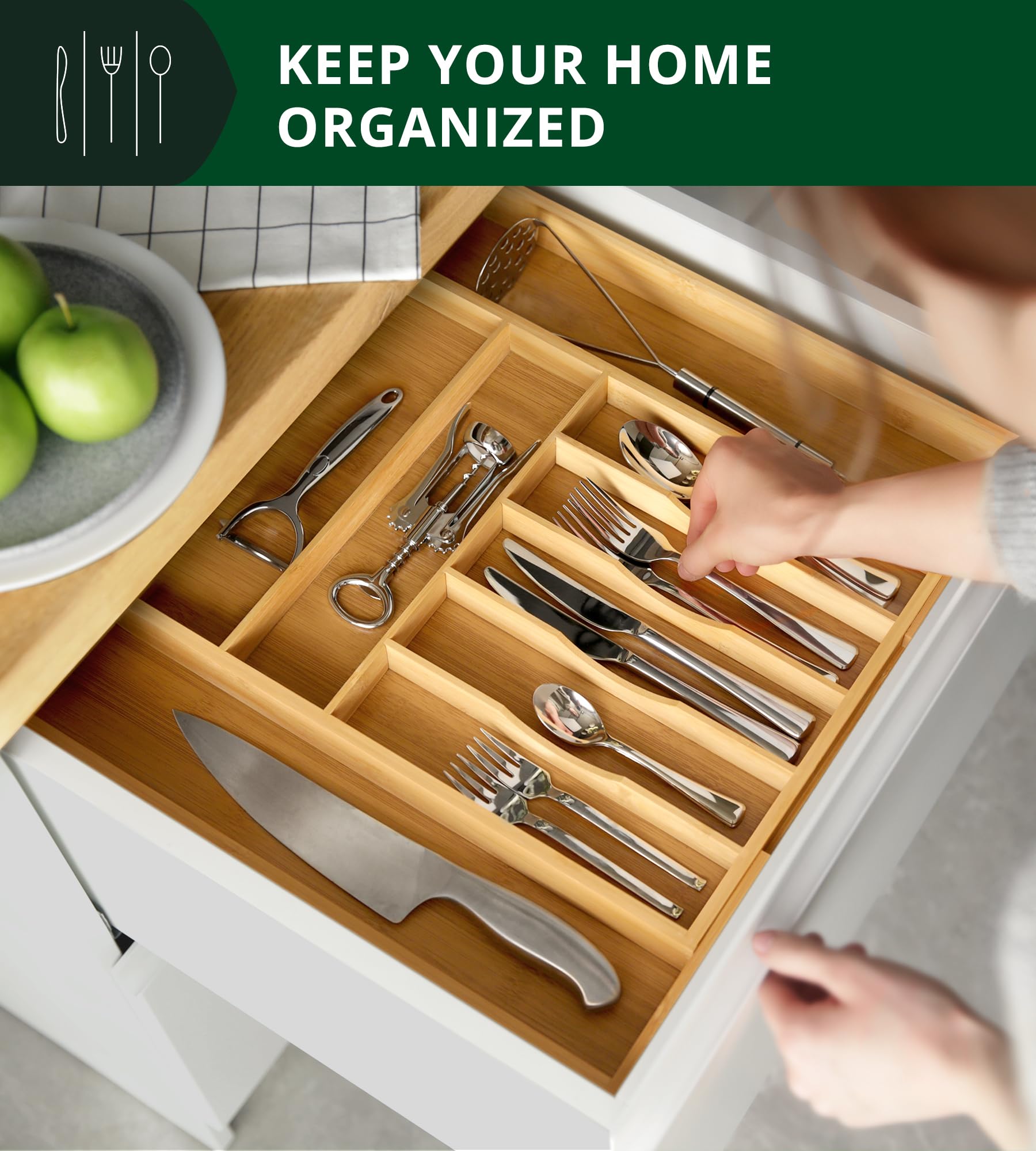 ROYAL CRAFT WOOD in-drawer organization demonstrates tidy arrangement of utensils.