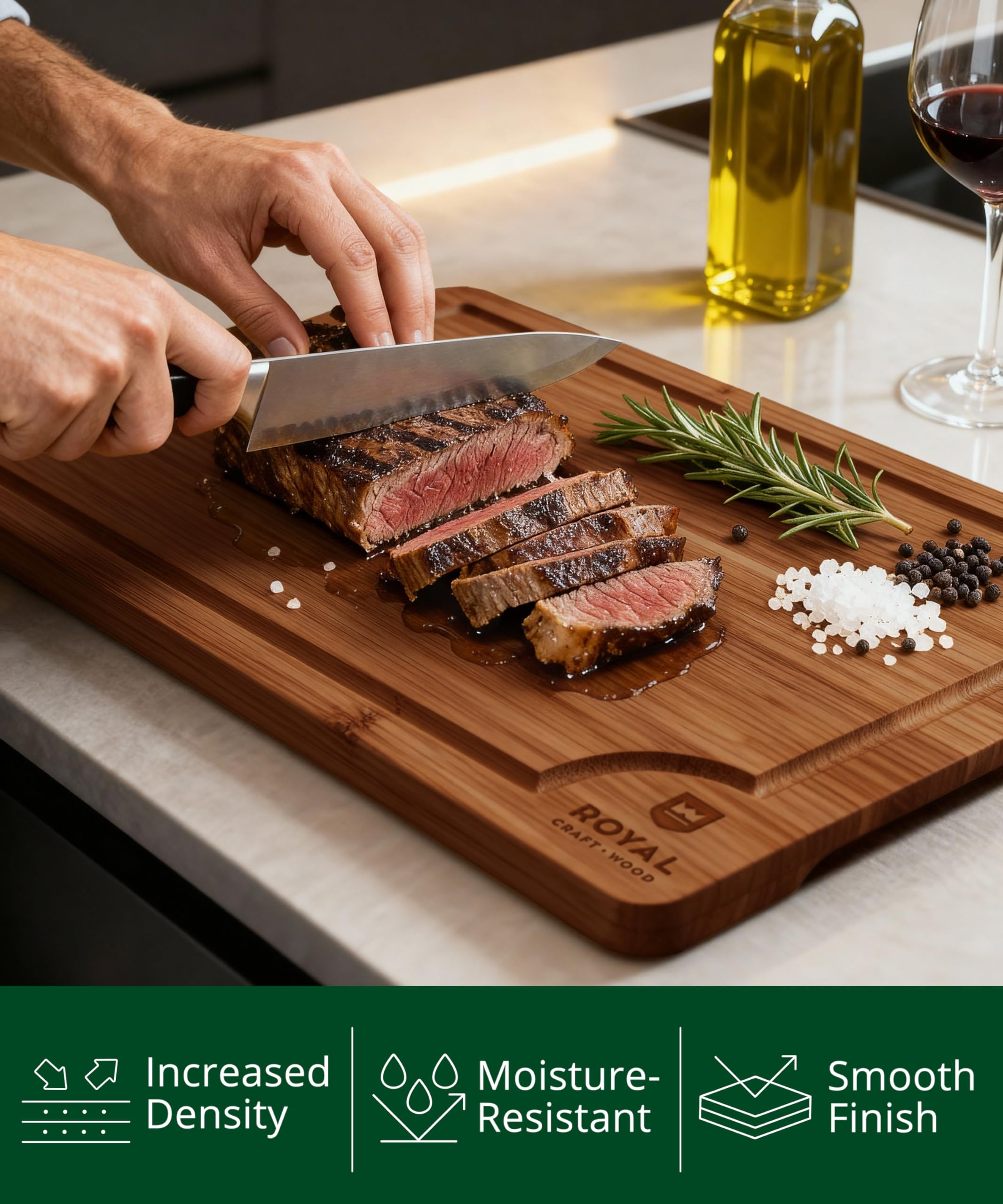 ROYAL CRAFT WOOD board features a deep juice groove to catch liquids.