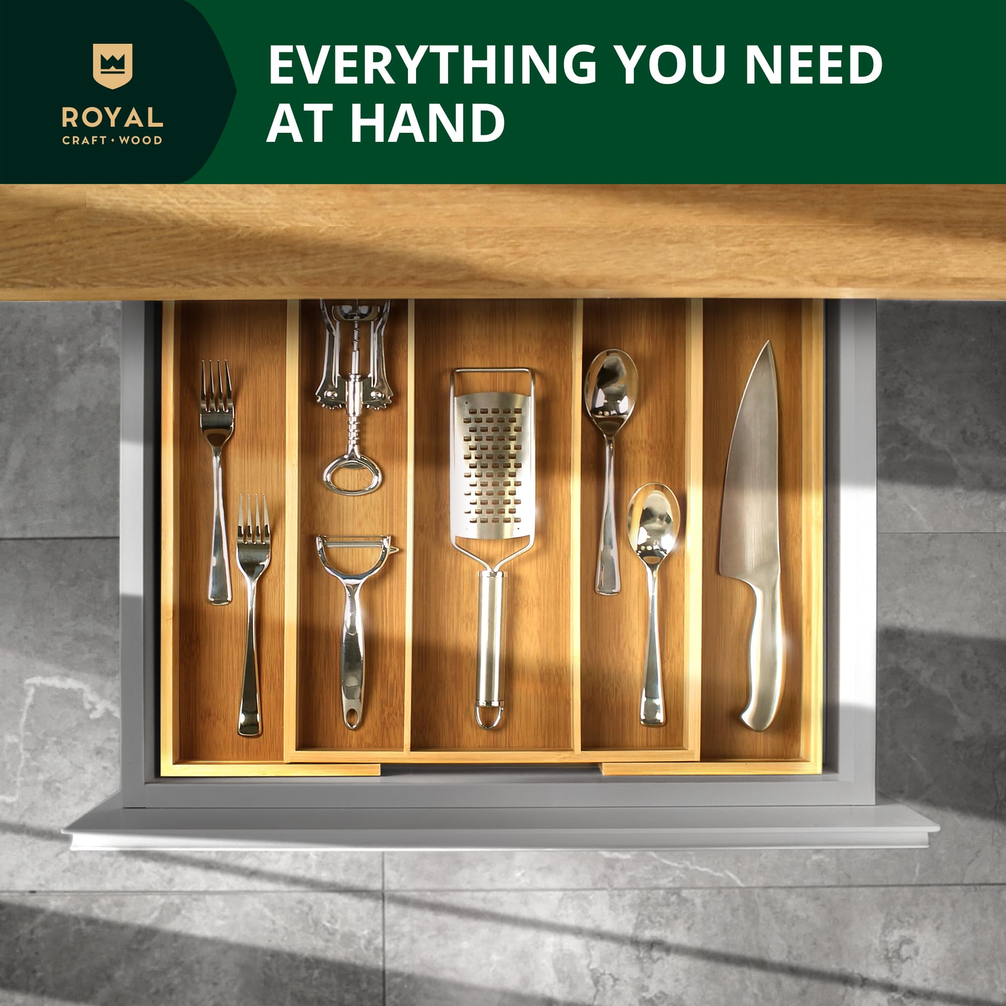 ROYAL CRAFT WOOD kitchen drawer organizer 5-slot for organized flatware