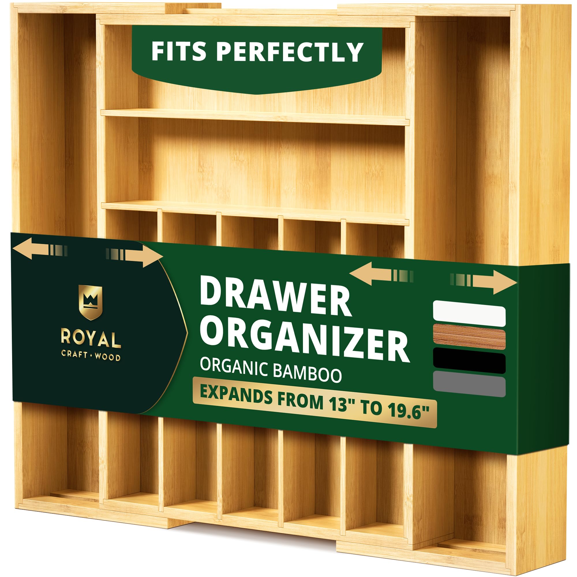 ROYAL CRAFT WOOD luxury bamboo drawer organizer extended keeps wide drawers neatly organized and spacious.
