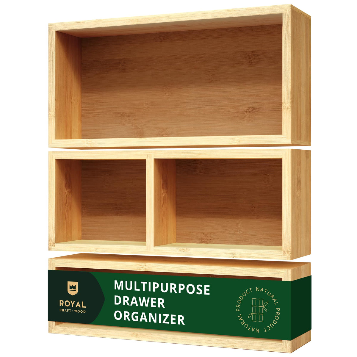 ROYAL CRAFT WOOD luxury bamboo drawer organizer set shown in a tidy kitchen drawer for quick access