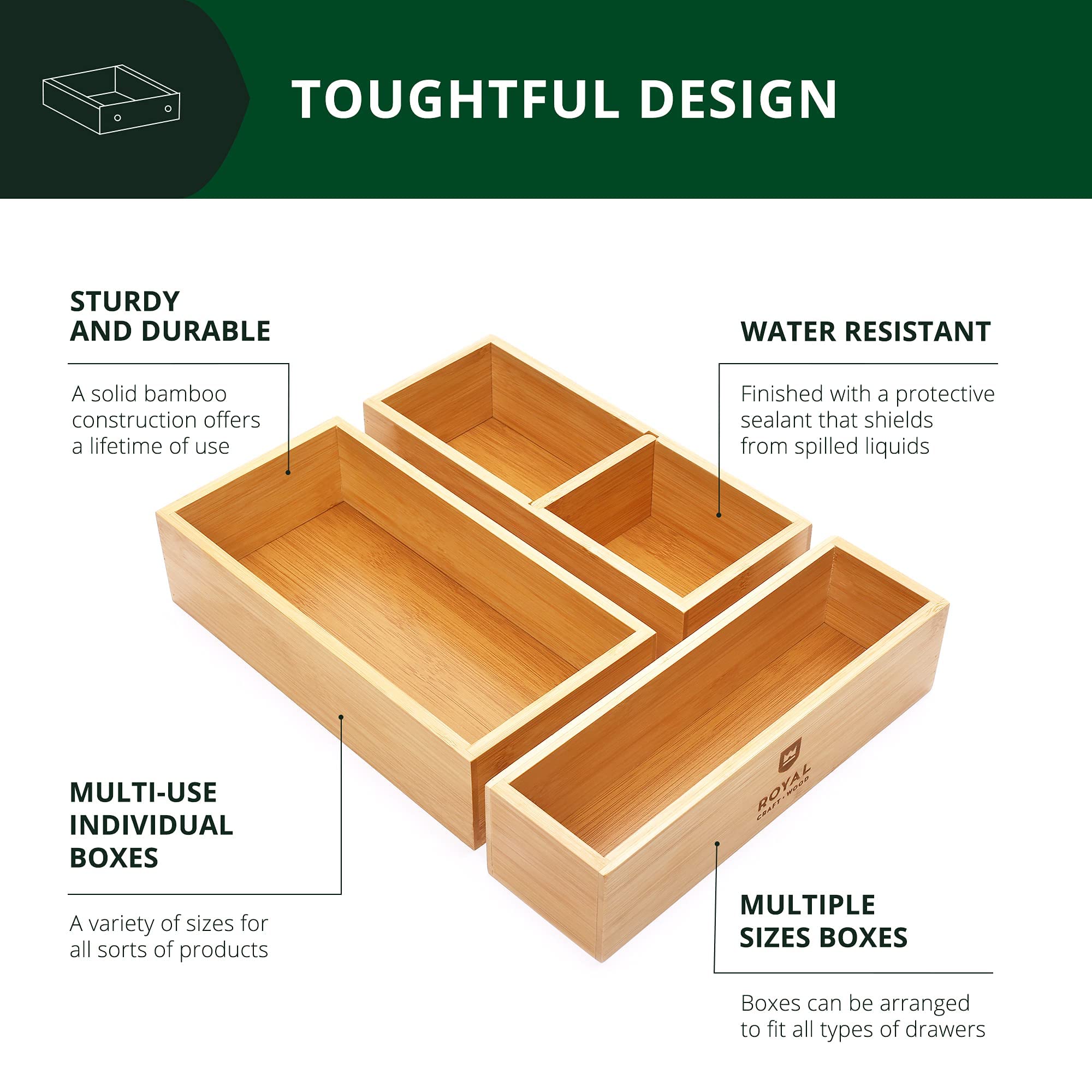 ROYAL CRAFT WOOD three drawer-sized bins arranged to fit a shallow kitchen drawer