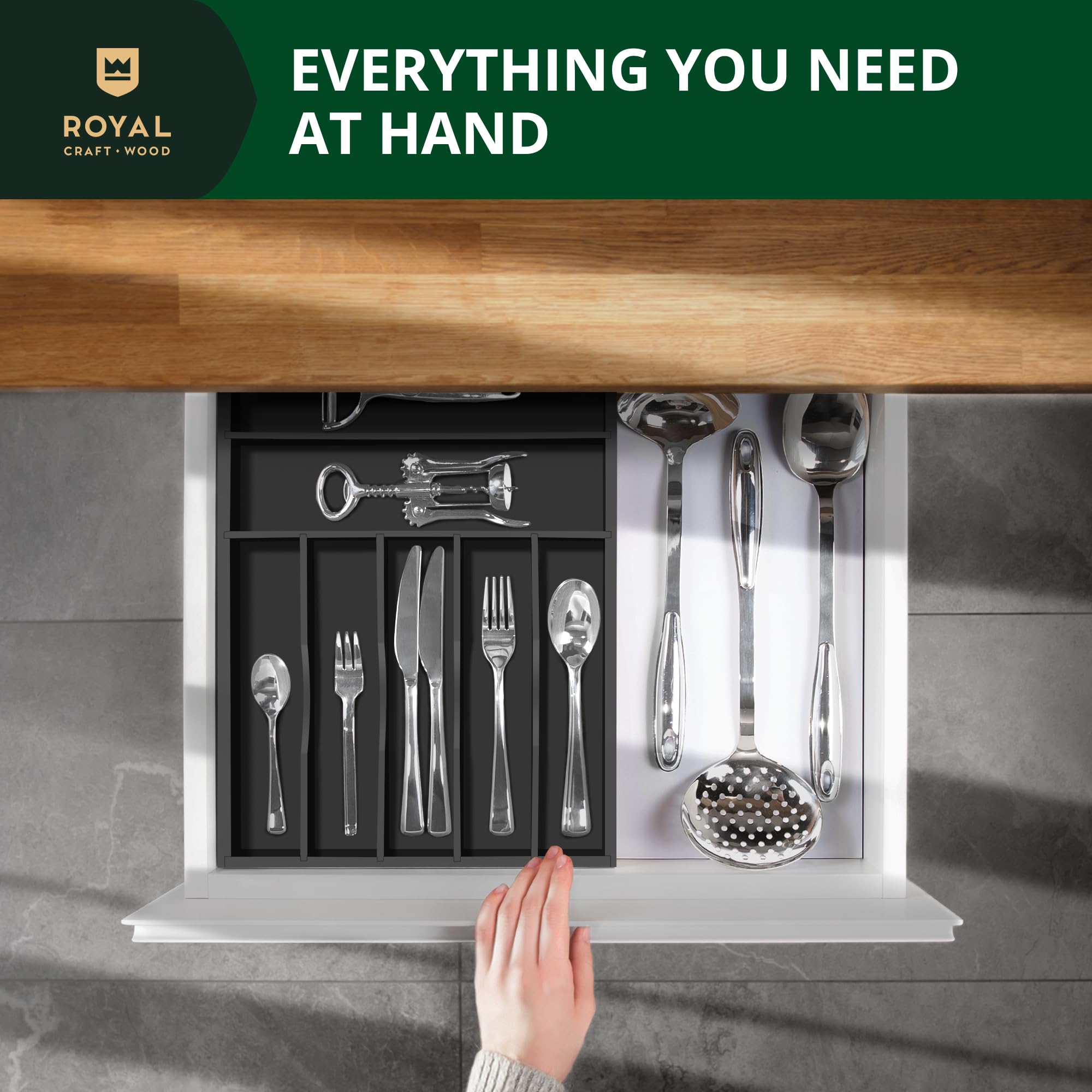 Royal Craft Wood utensil drawer in use demonstrates tidy, efficient kitchen organization