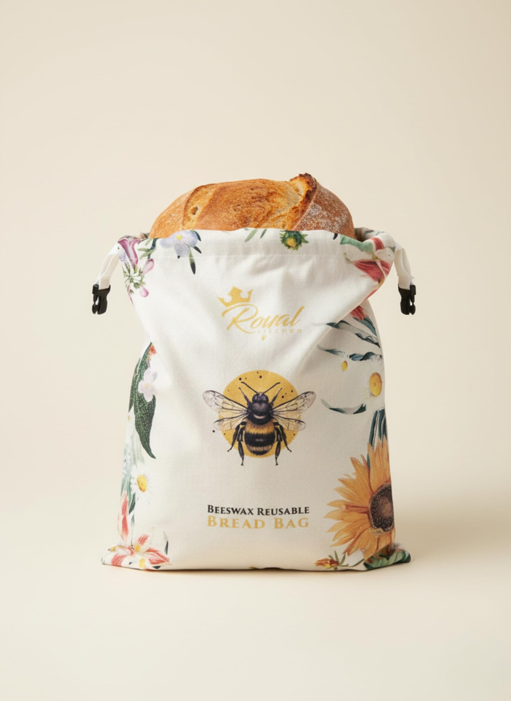 Royal Kitchen reusable sourdough bread bag closed with loaf for everyday freshness.
